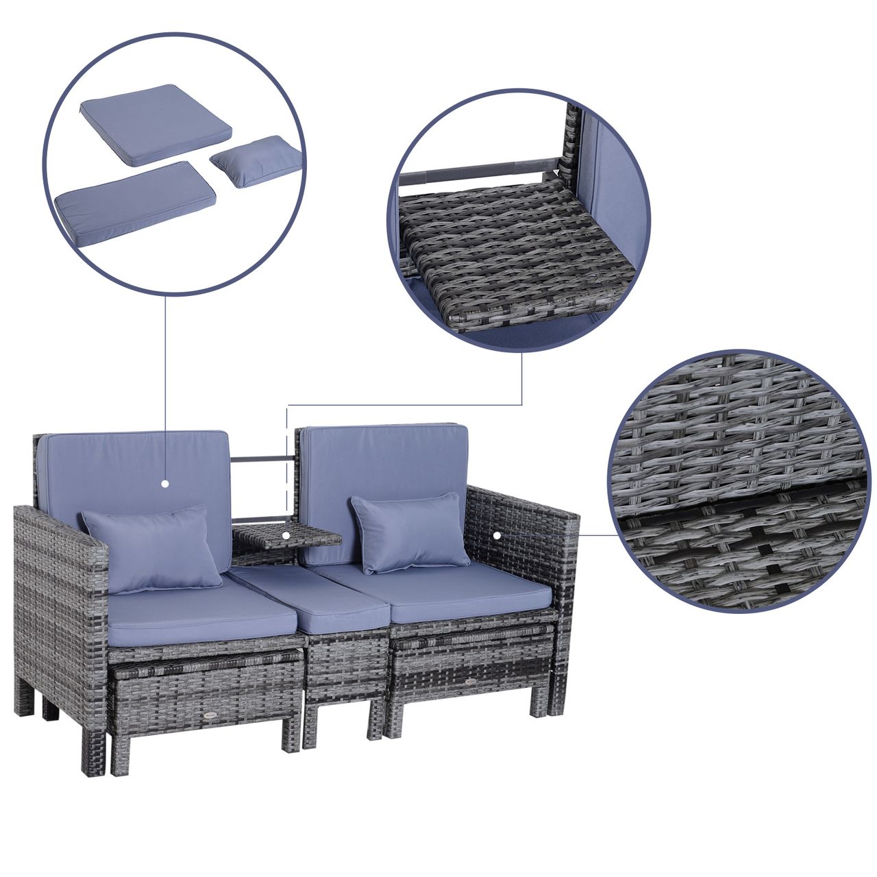 Outsunny 3-tlg. Sitzgruppe Rattanmöbel 2er-Sofa inkl. 2 Hocker & Kissen grau