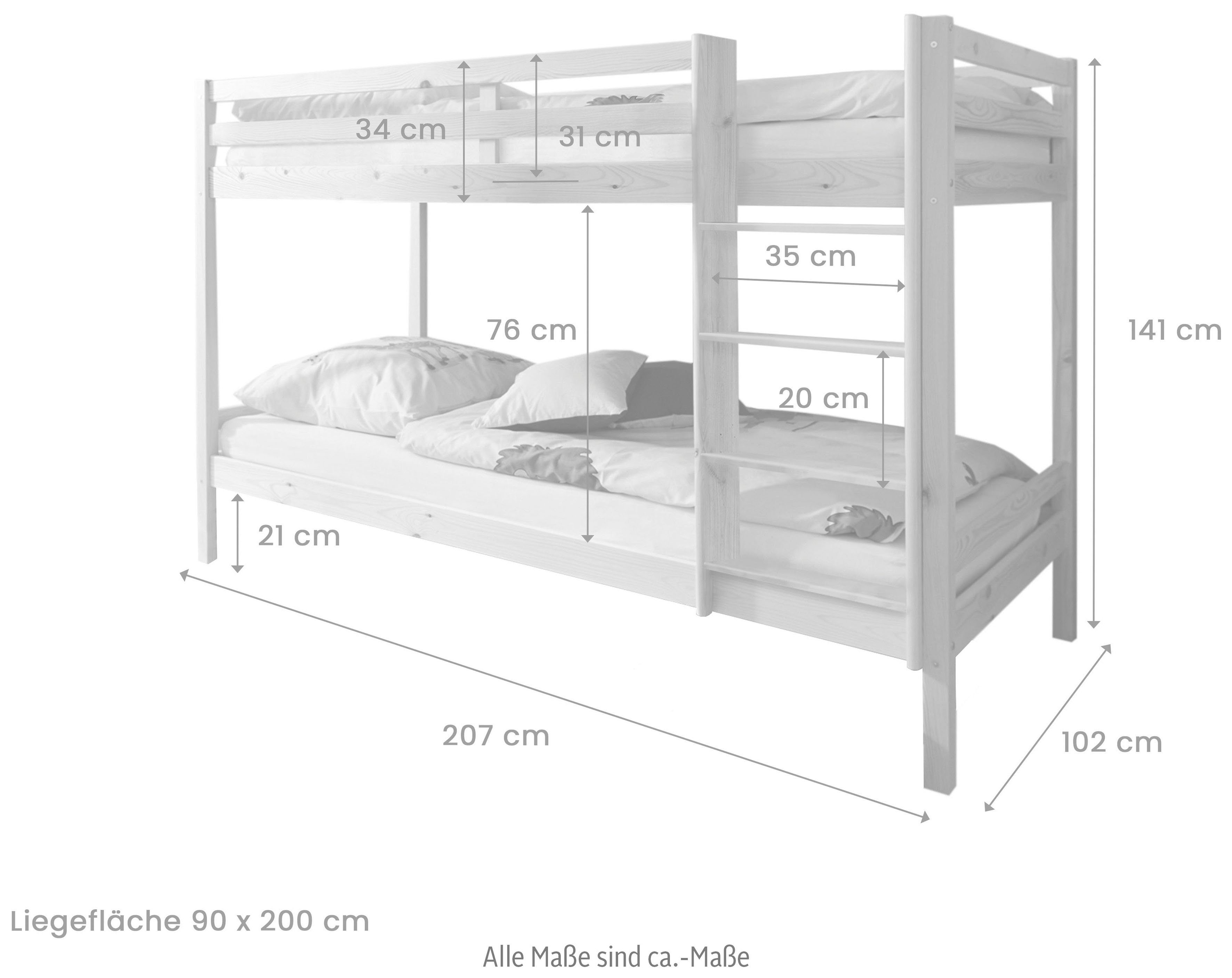 Ticaa Etagenbett René, Hochbett, TOPSELLER! In 2 Farben, 90x200cm, FSC® zertifiziertes Massivholz, mit Trittleiter + Rundum-Absturzschutz