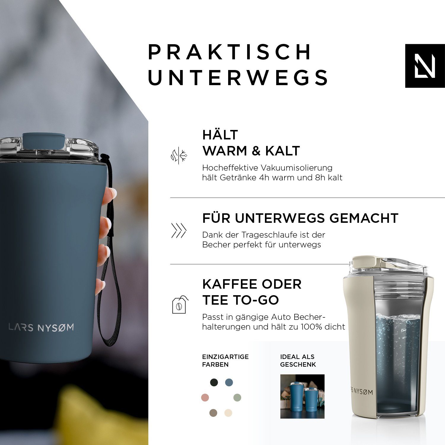 LARS NYSØM Thermobecher Rørelse, 18/8 Edelstahl, Auslaufsicherer Travel-Mug für Kaffee und Tee unterwegs 380ml 500ml