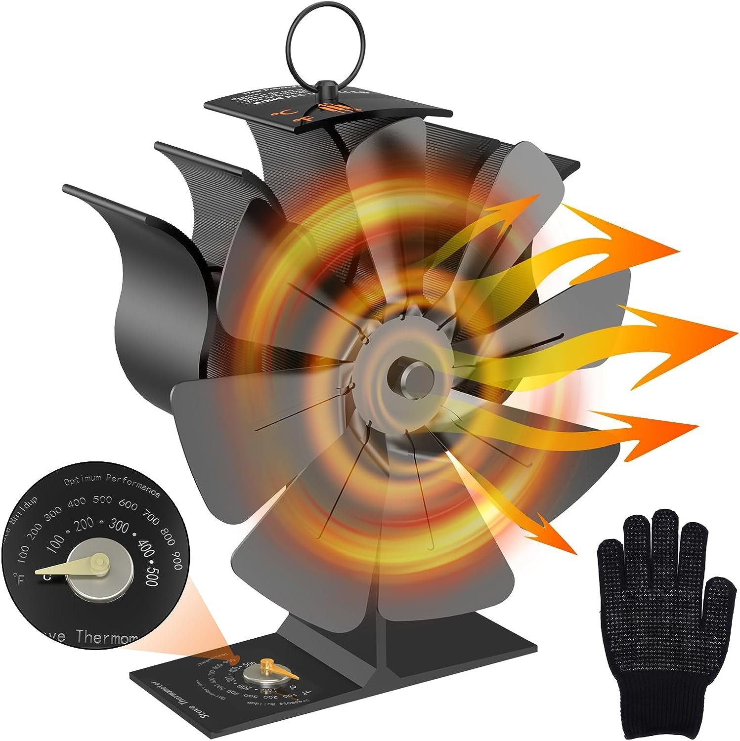 BlingBin Kaminventilator Kaminofen Ventilator 8 Flügel Herd Lüfter für Holzbrenner Gebläse, Mit Thermometer und Handschuhe