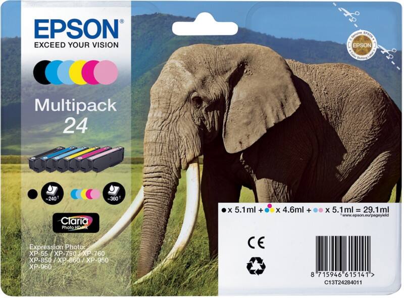 Epson 24 Original Tintenpatrone C13T24284011 Schwarz, Cyan, Hellcyan, Hellmagenta, Magenta, Gelb Multipack 6 Stück