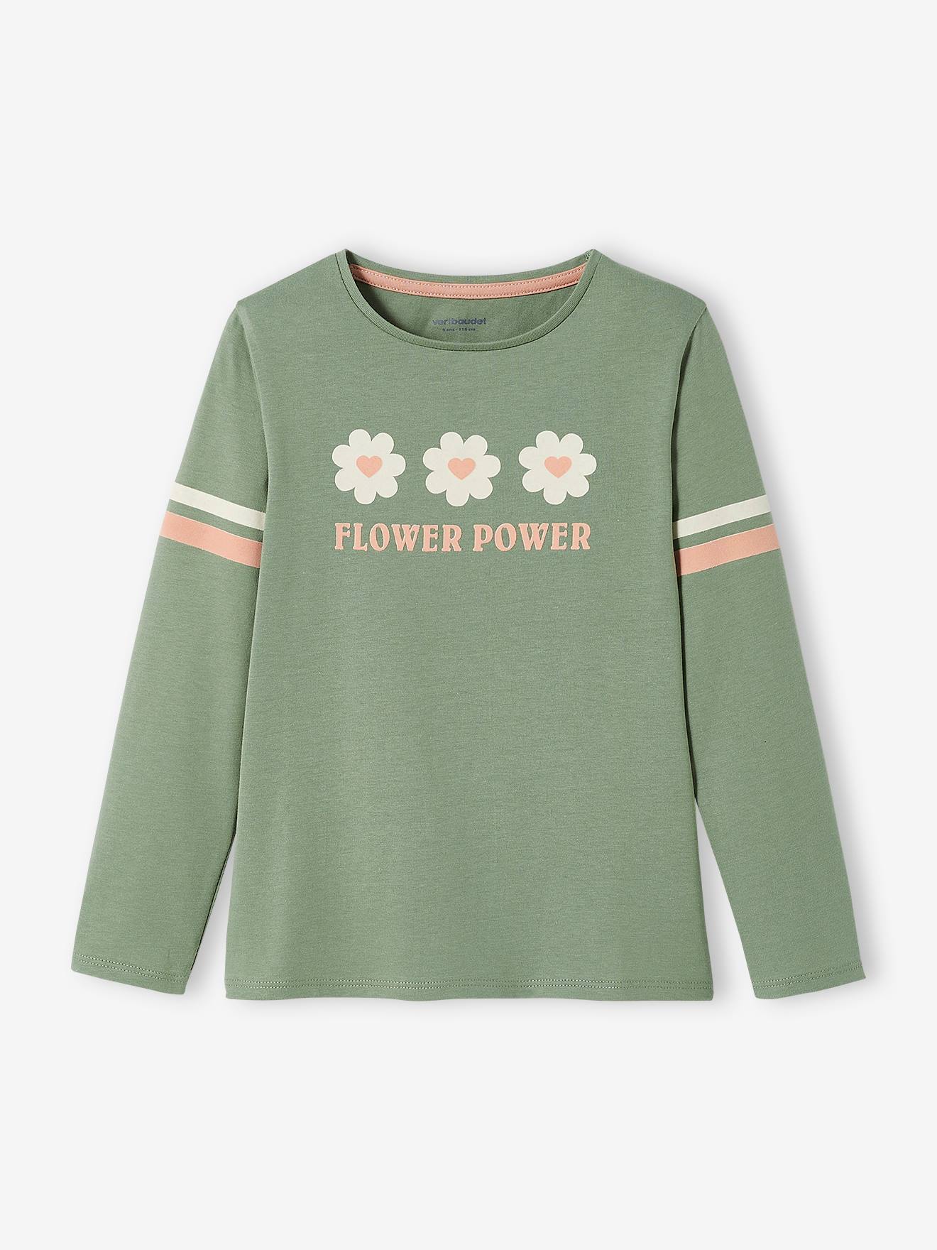 T-shirt à fleurs détails flocage velours fille vert