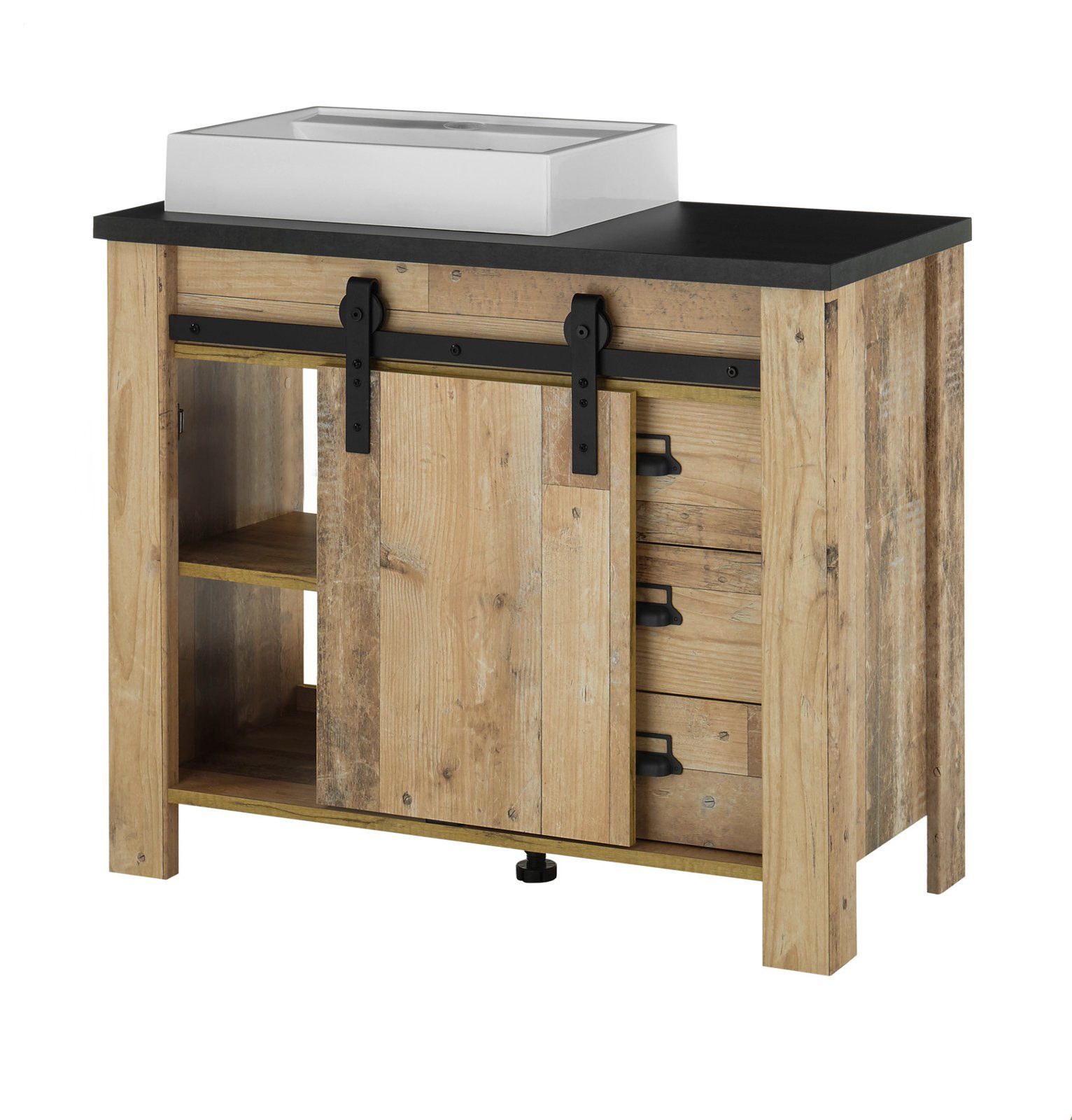 Furn.Design Badmöbel-Set Stove, (Used Wood Vintage, Komplett-Set), inklusive Waschbecken und Spiegellampe, Soft-Close