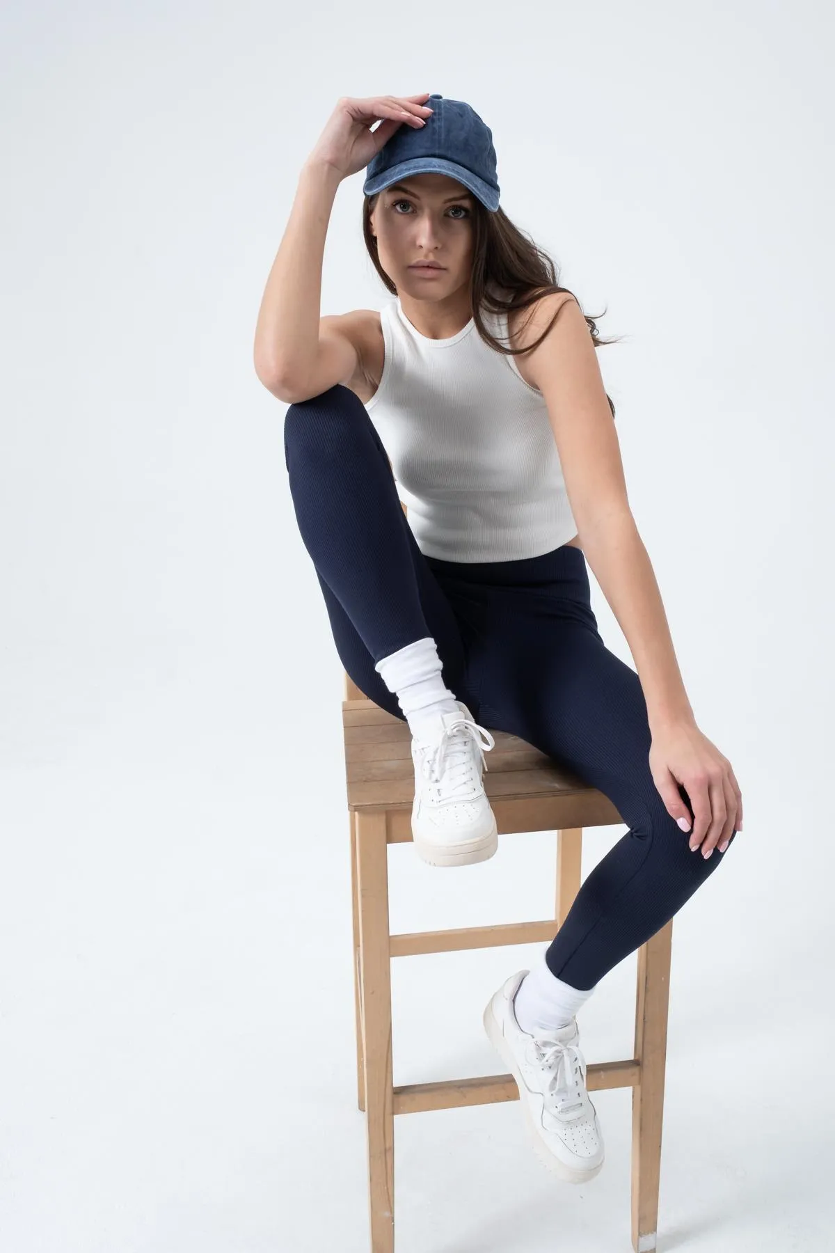 Domoda  Marineblaue Fleece-Innenseite, elastisch, erhöht, gerippt, geraffte Interlock-Winterstrick-Leggings @verona