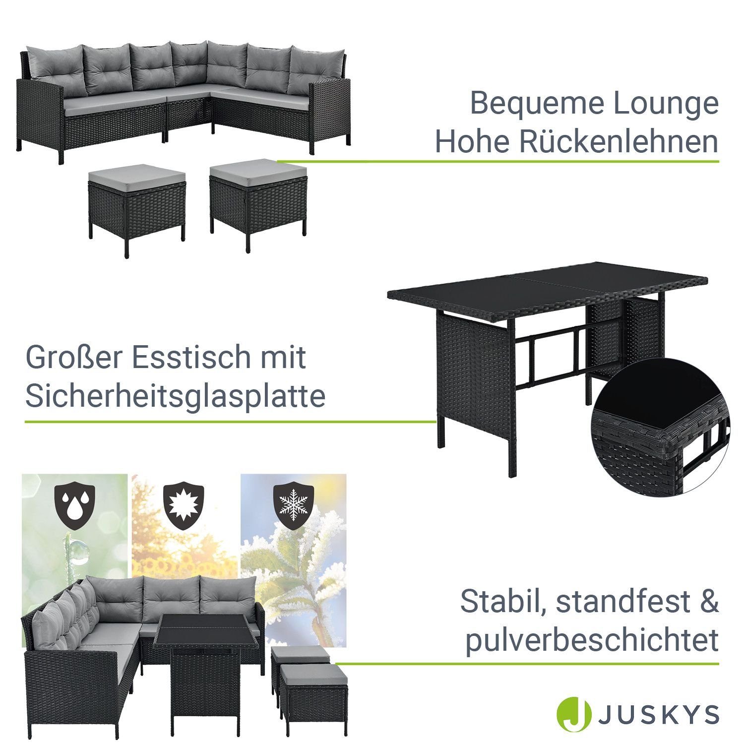 Juskys Gartenlounge-Set Manacor, (Gartenlounge), Polyrattan Gartenmöbel-Set mit Garten-Sofa, Garten-Tisch und 2 Hocker