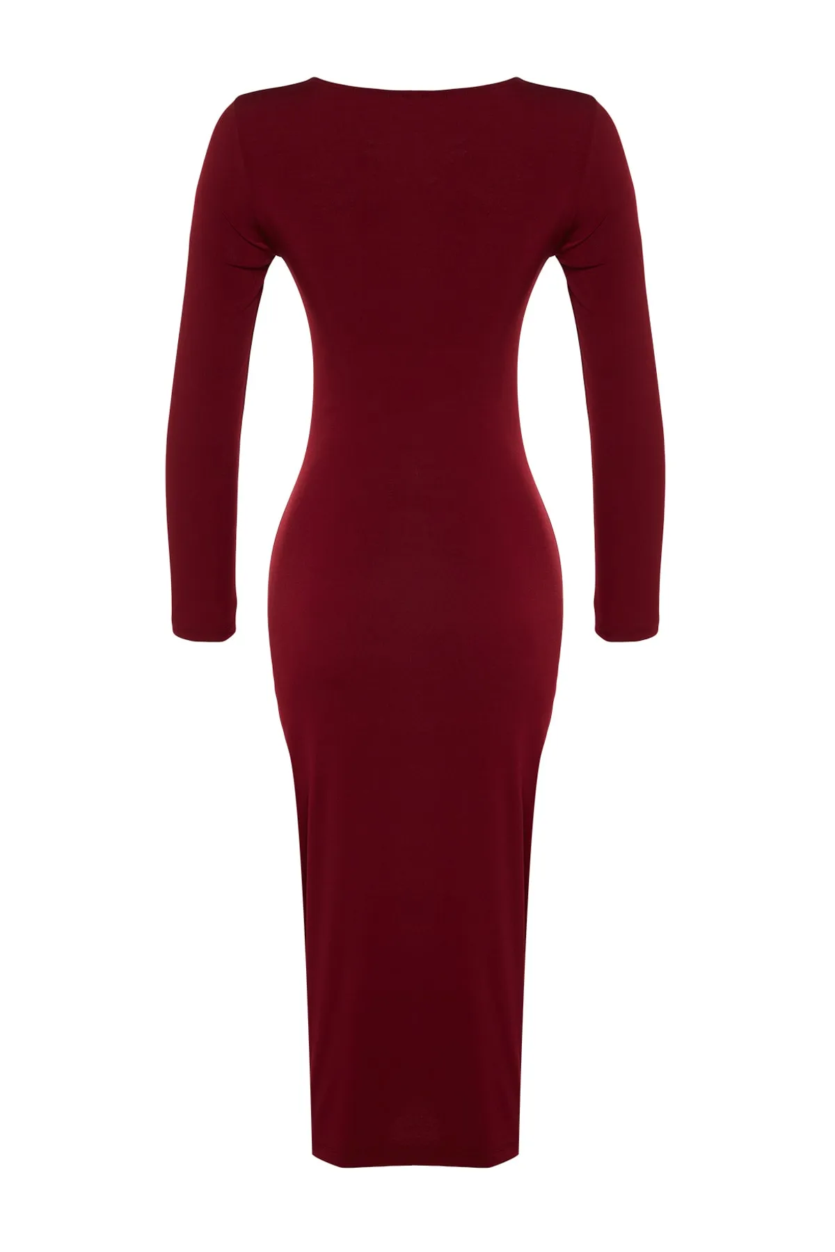 Trendyol Collection  Burgunderrotes, figurbetontes, asymmetrisches Kragen-Midi-Bleistiftkleid aus Strick mit Schlitz und langen Ärmeln TWOAW24EL00118