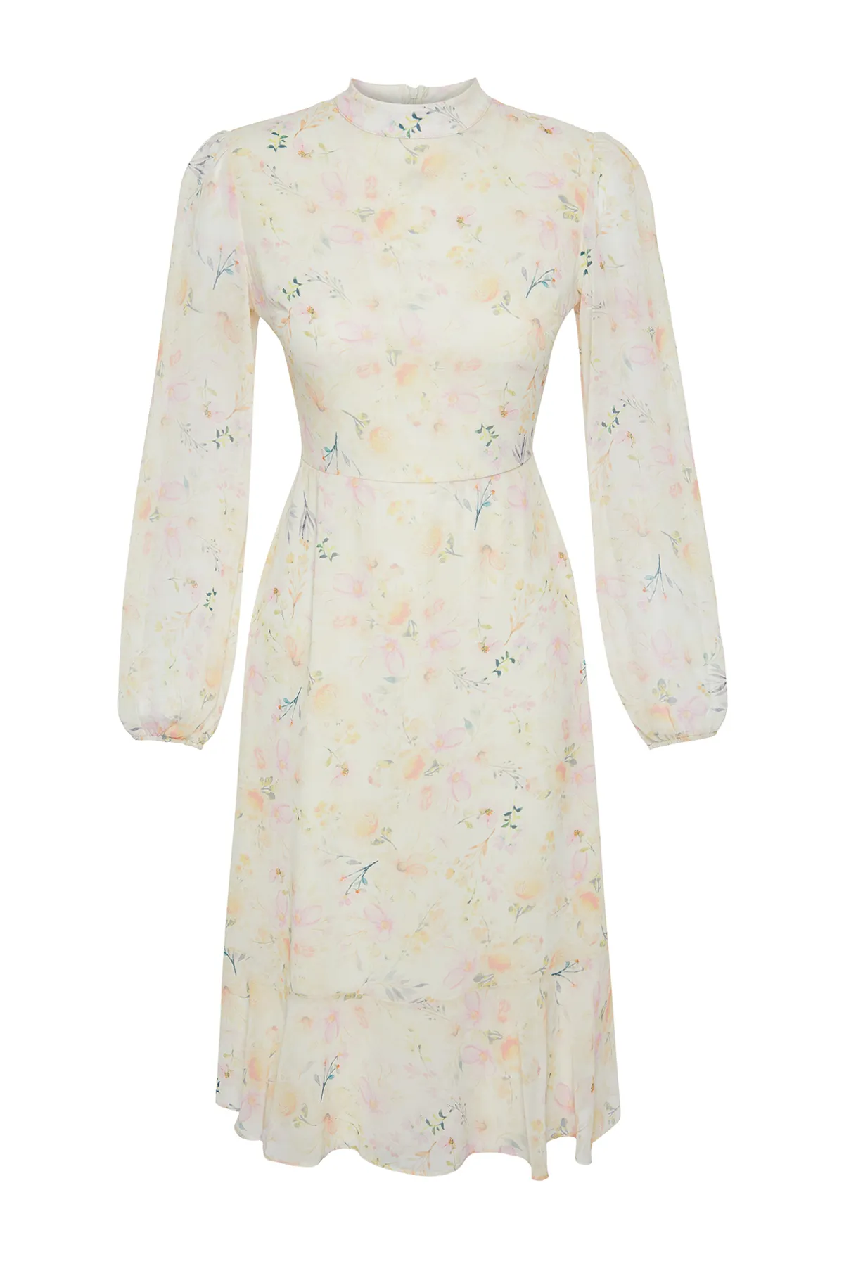 Trendyol Collection  Ecrufarbenes, geblümtes A-Linien-Kleid aus Chiffon mit Stehkragen und Midi-Futter TWOAW20EL1313