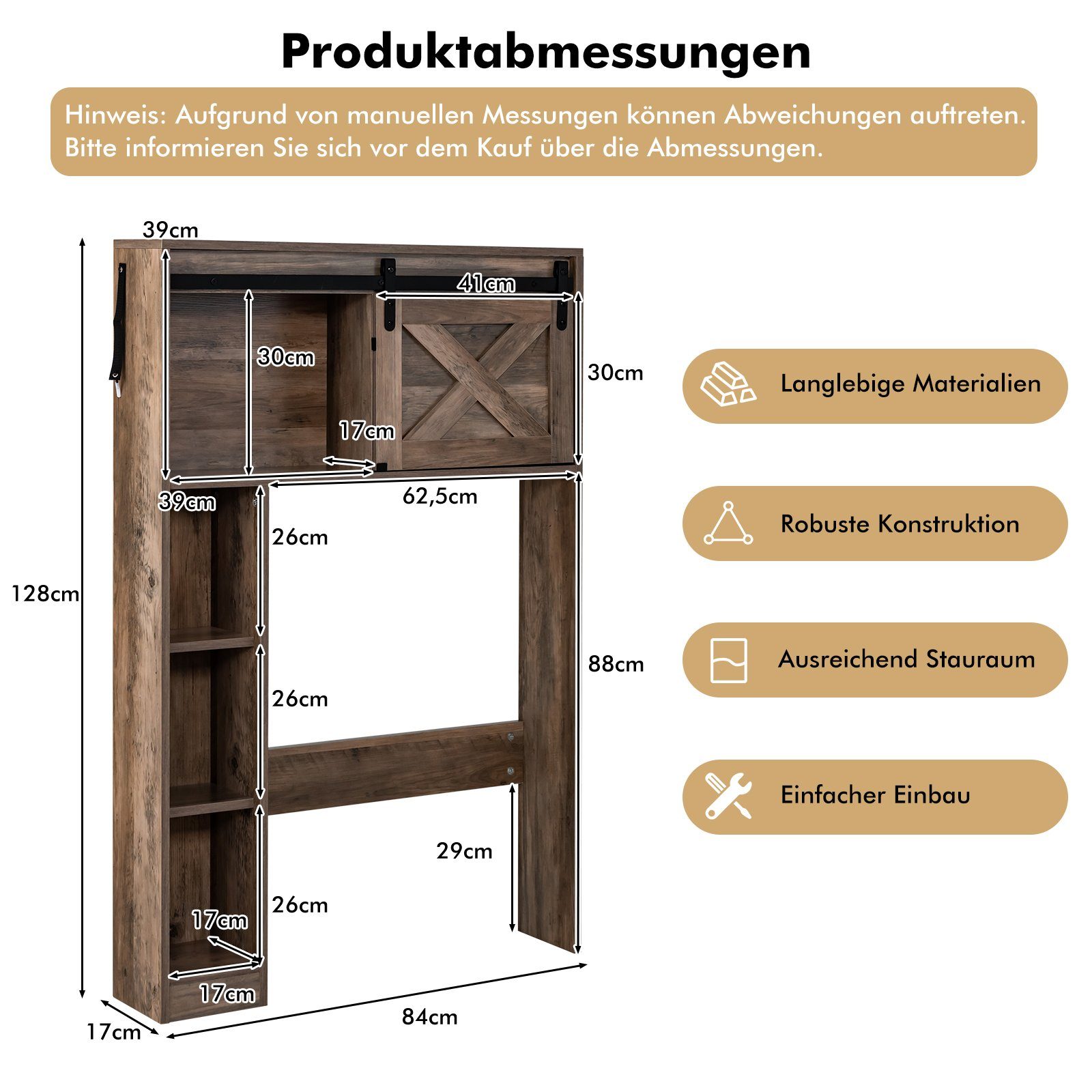 COSTWAY Waschmaschinenumbauschrank Badregal aus Holz, mit Schiebetür
