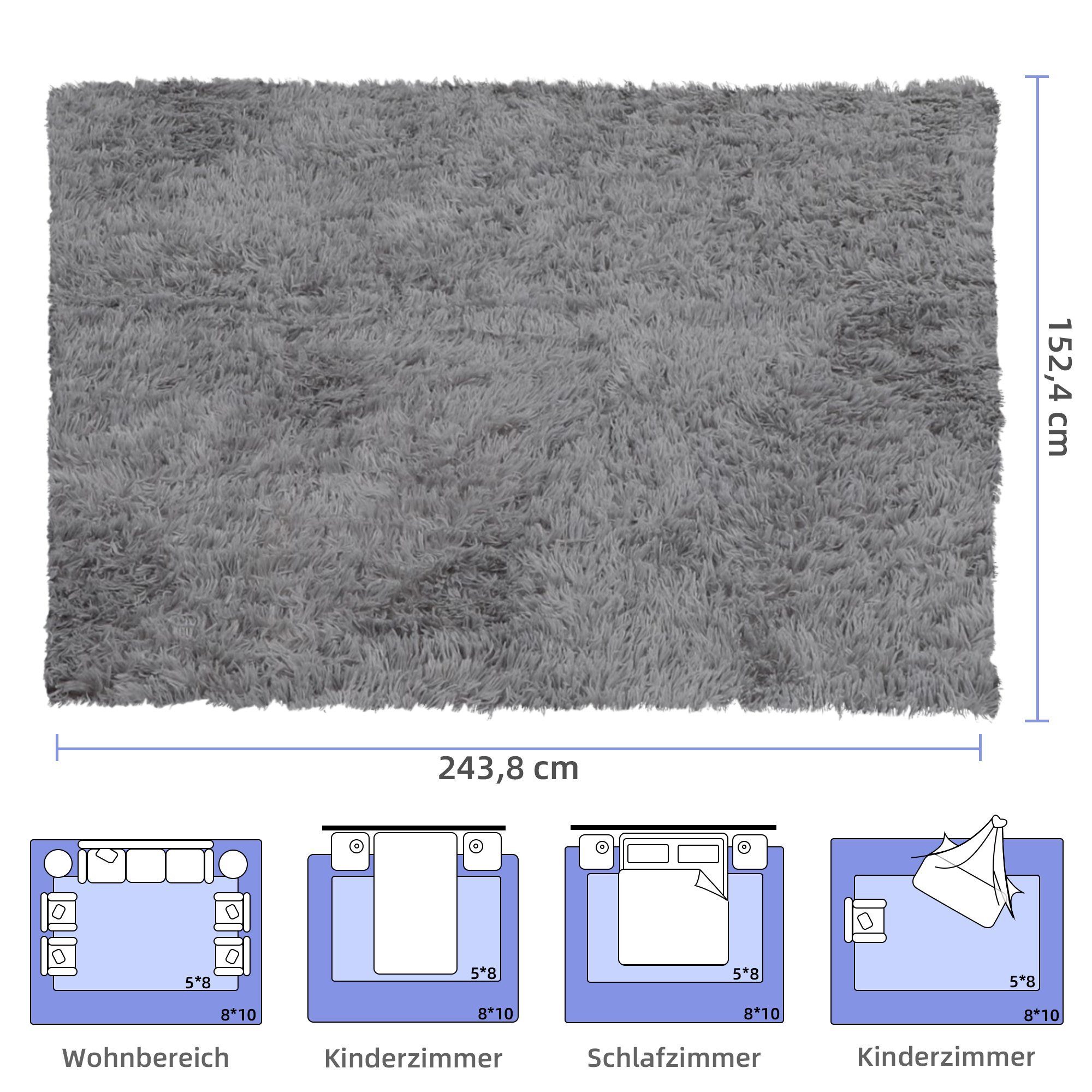 Hochflor-Teppich weicher & flauschiger dick warm Flächenteppich, modern Boden Home Deko, NEFOSO, rechteckig, Höhe: 43 mm, waschbarer Teppich, einfarbig, Shaggy, Home Teppich, 243,8x152,4 cm