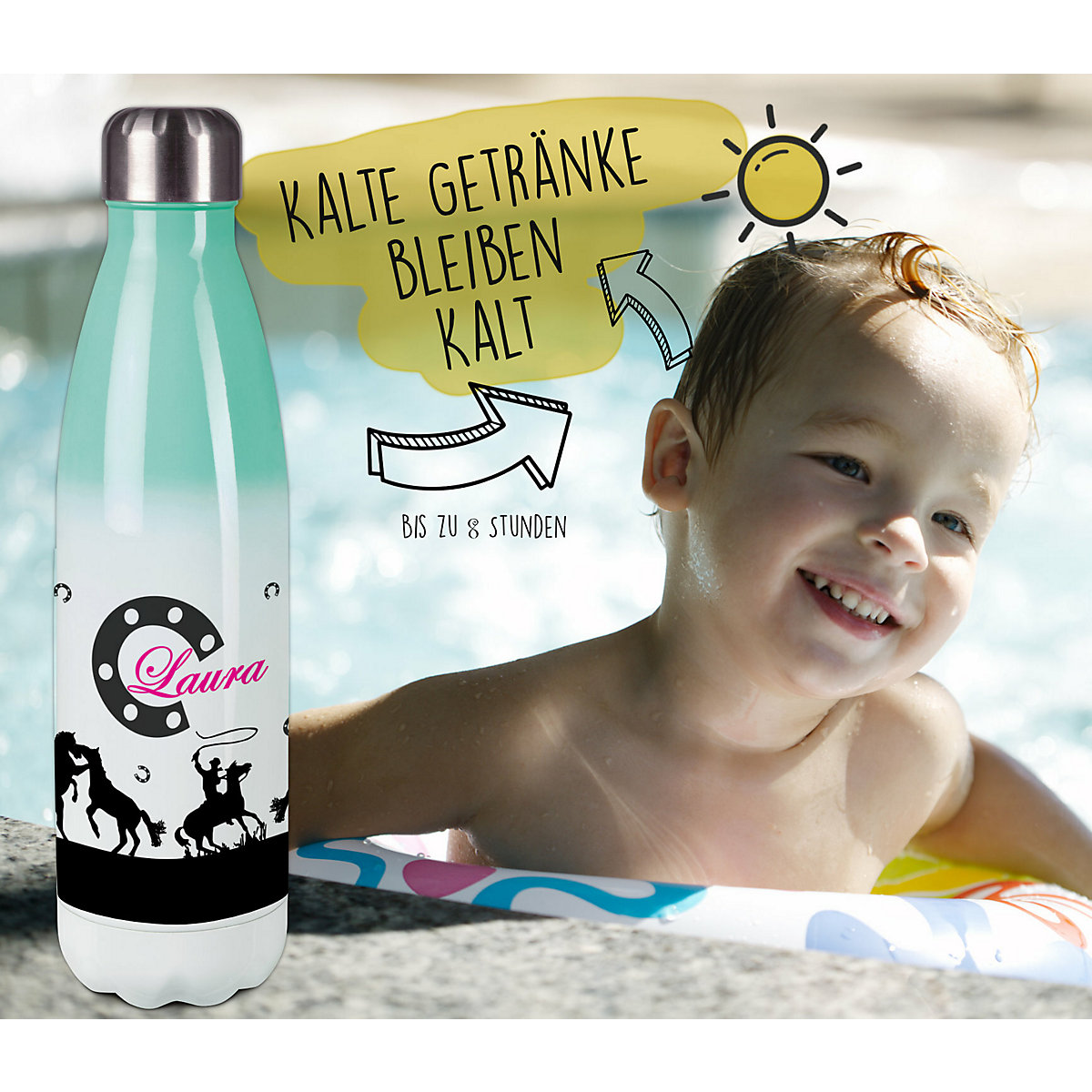 Edelstahl Kinder Thermoflasche / Trinkflasche bunt Pferd-Cowboy schwarz Spülmaschinenfest, Auslaufsicher, Bruchfest, Doppelwandig, Für Heißgetränke geeignet, Mit Deckel, Isoliert