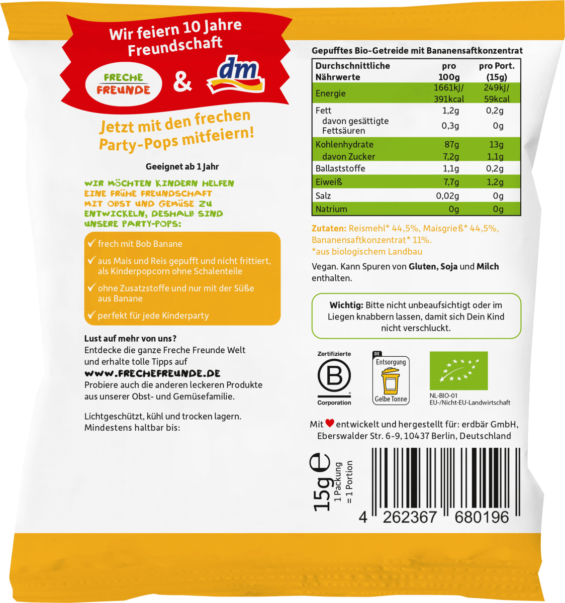 Kindersnack Party Pops Banane, ab 1 Jahr, 15 g