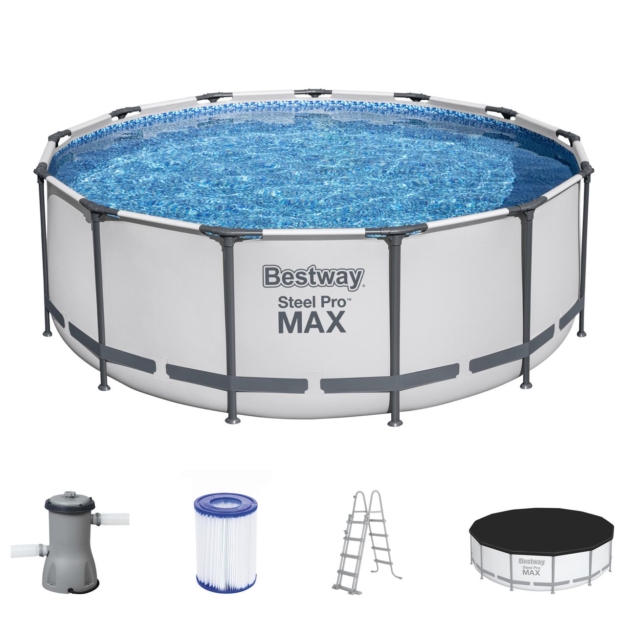 Bestway Steel Pro MAX™ Frame Pool Komplett-Set mit Filterpumpe Ø 396 x 122 cm, lichtgrau, rund