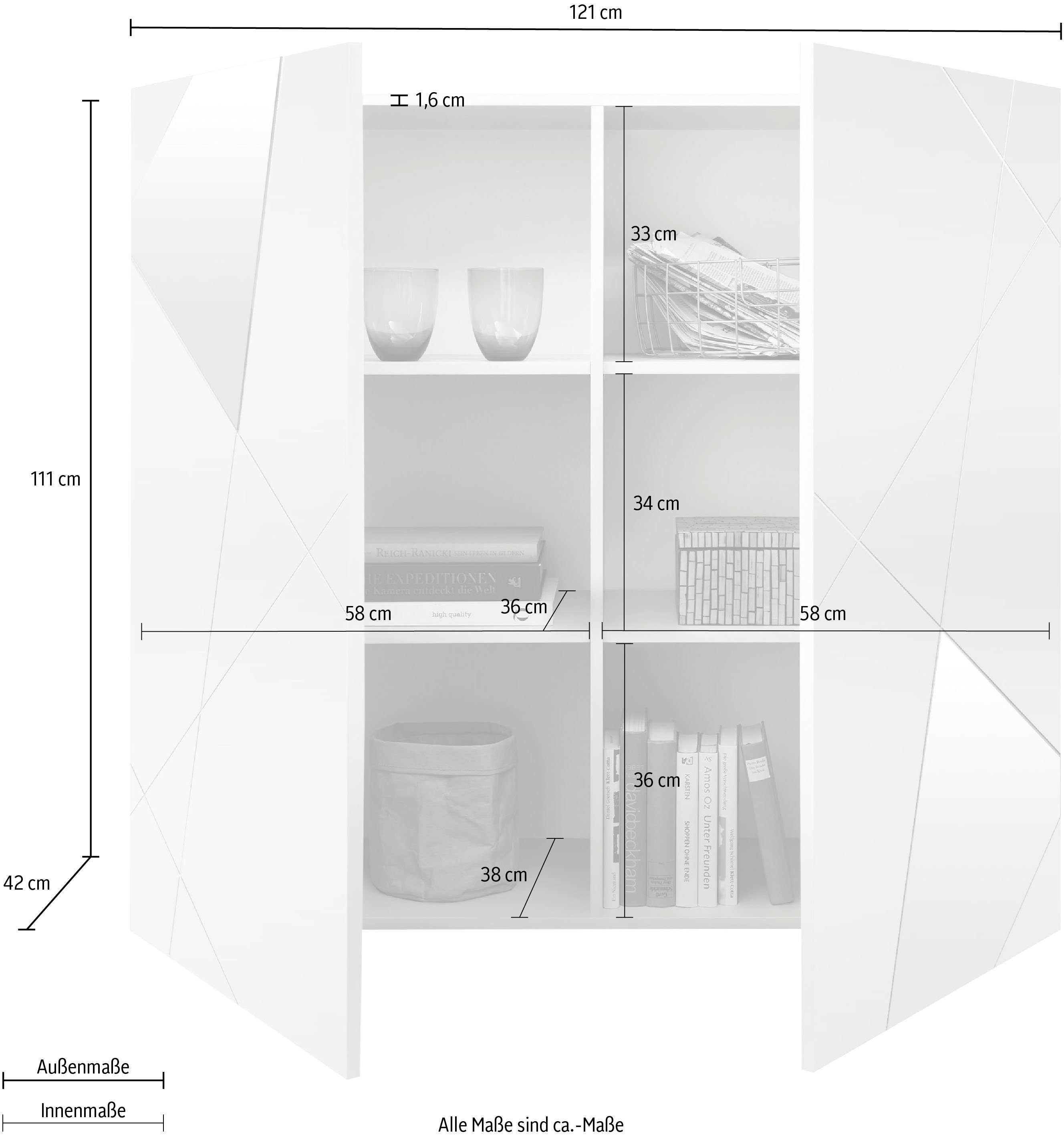 LC Highboard Vittoria, Breite 121 cm, Front mit Siebdruck und Spiegel