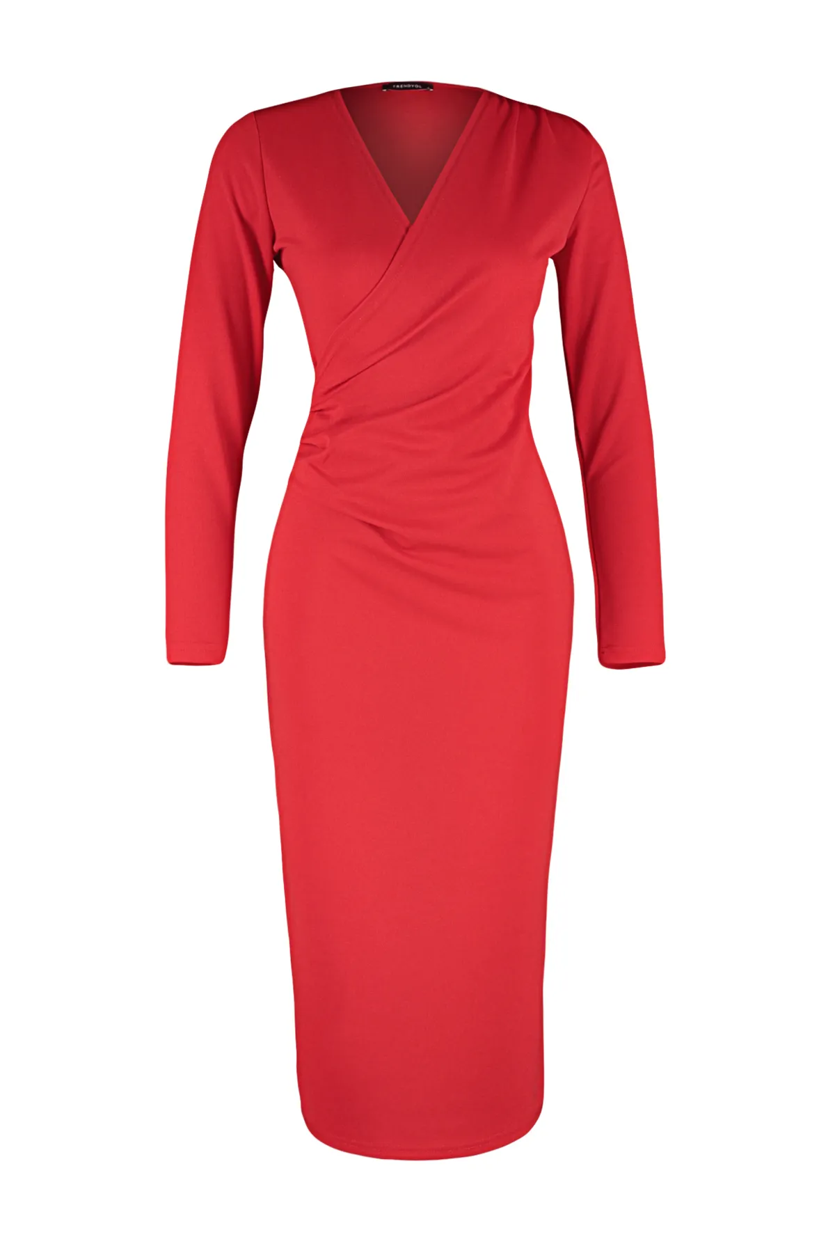 Trendyol Collection  Rotes, zweireihiges, langärmliges Midi-Strickkleid mit gerafftem Kragen und detailliertem Schnitt TWOAW24EL00826