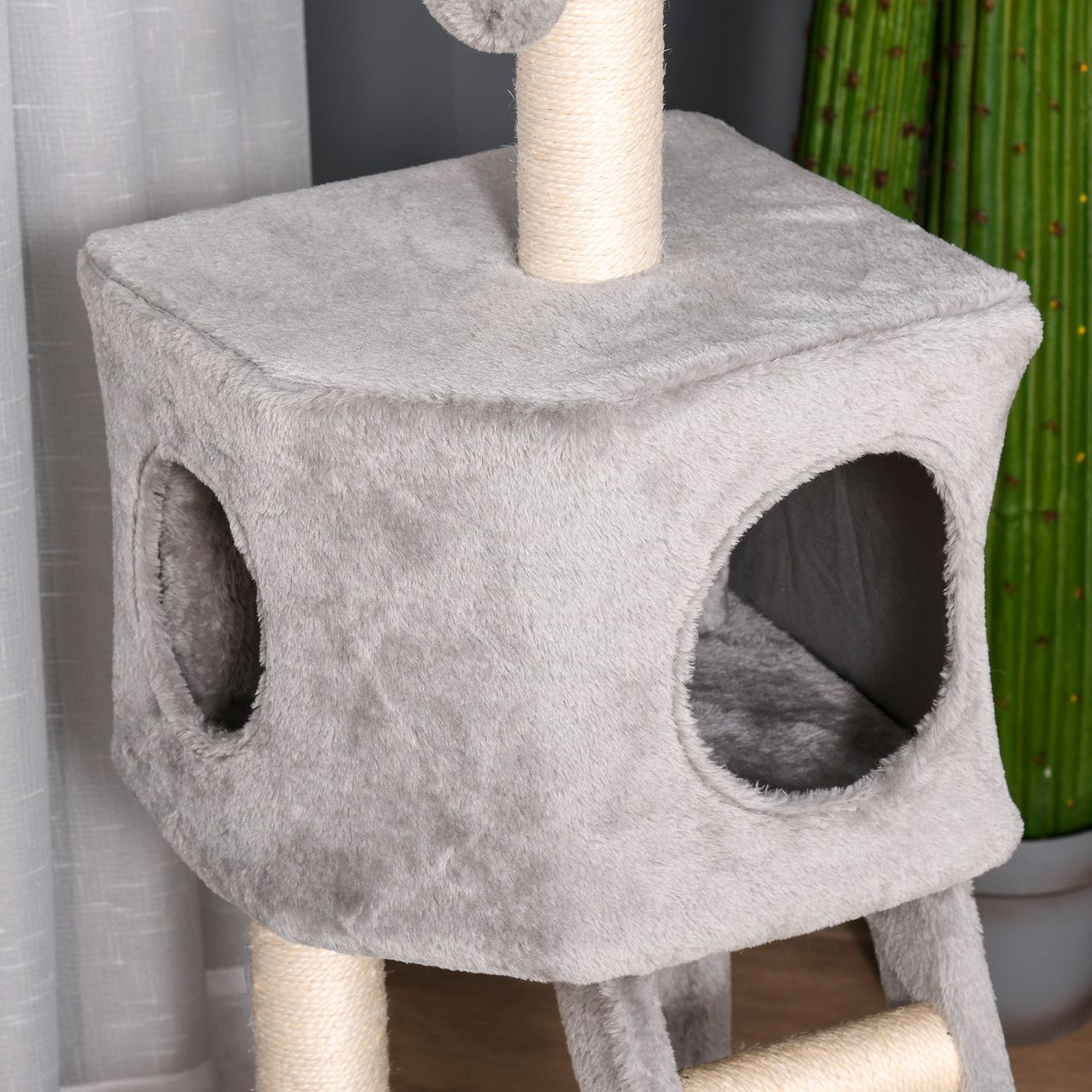 PawHut Kratzbaum mit Katzenhöhle Leiter Katzenbaum Kletterbaum für Katzen Mehrstufiges Multiaktivitätszentrum E1 MDF Sisal Hellgrau 60 x 48 x 122 cm
