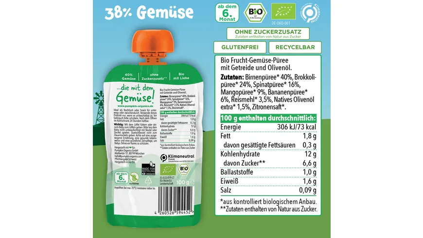 pumpkin organics Bio Quetschie Birne, Brokkoli, Spinat, Mango 100 g