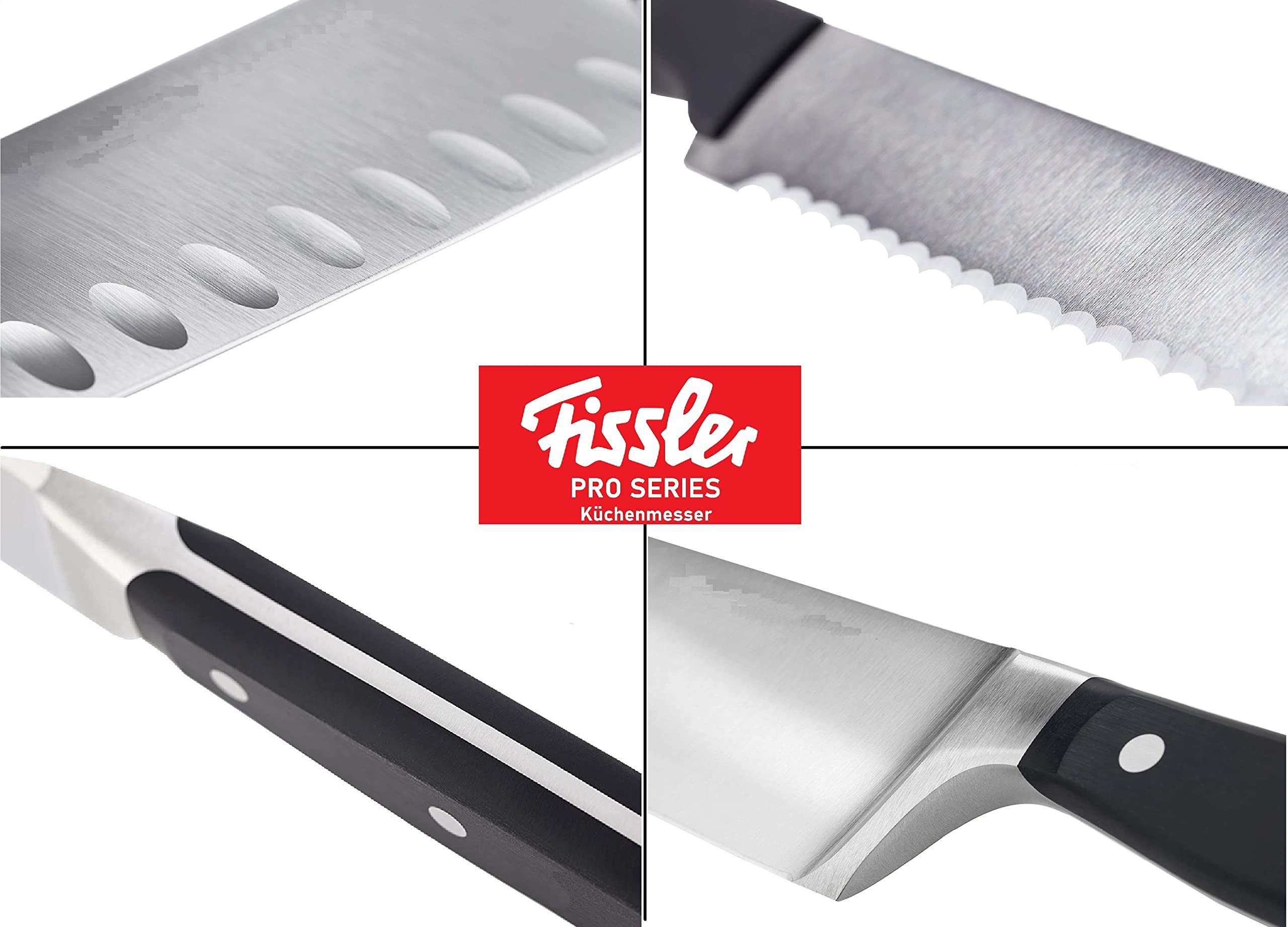 Fissler Messer-Set Profi Santoku Messer 13cm+16cm& Brotmesser 18cm+ Kochmesser 19cm 4 Tlg (rostfrei, vernietete Griffe, Spülmaschinenfest, Gemüsemesser, Messer, 4-tlg., Universalmesser mit Laserschliff, gehärtete Spezialklingen), Kochmesser, Fleischm