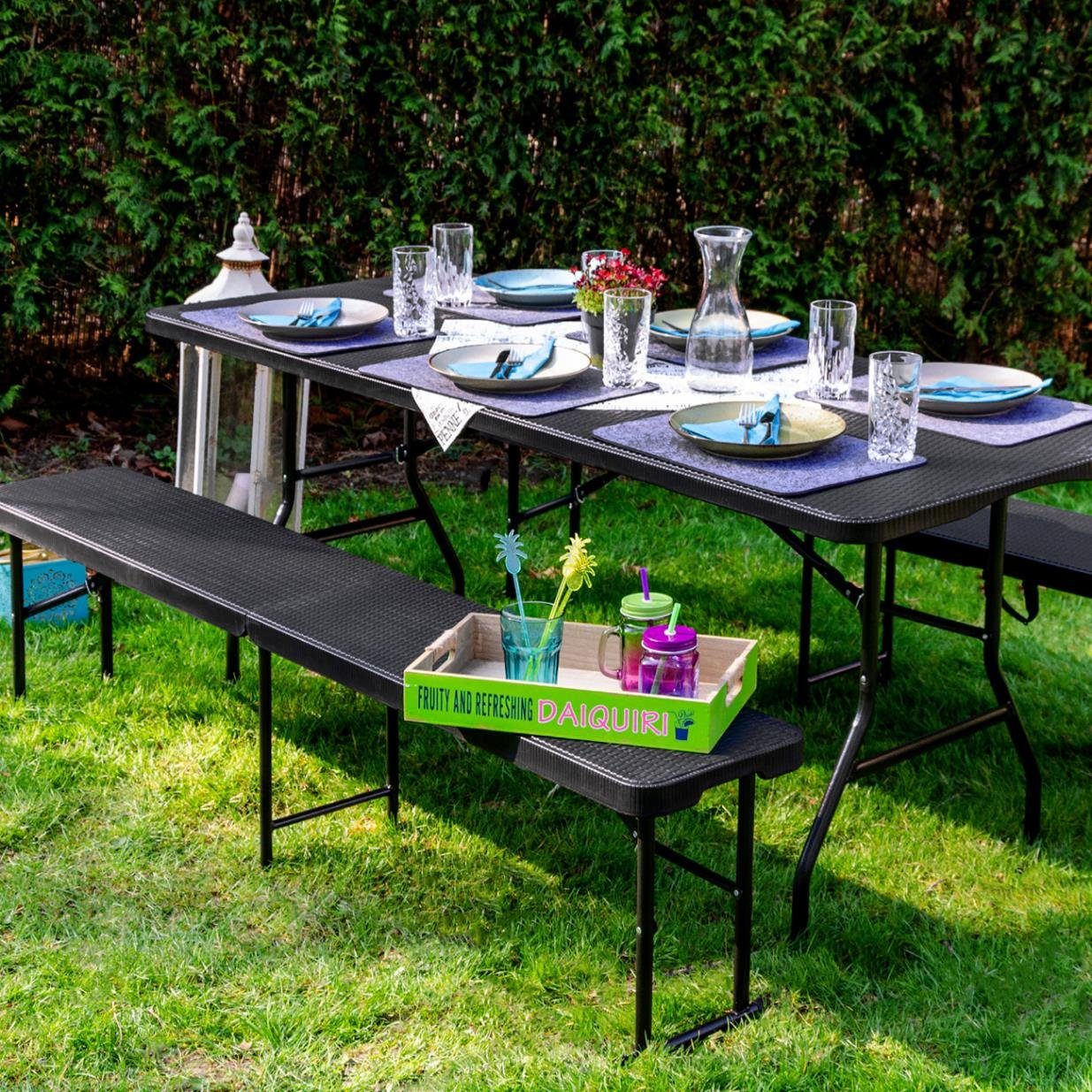AMANKA Klapptisch Gartentisch für 6 Personen Klapptisch Rattan-Look, 180 x 74 cm Klappbar Schwarz