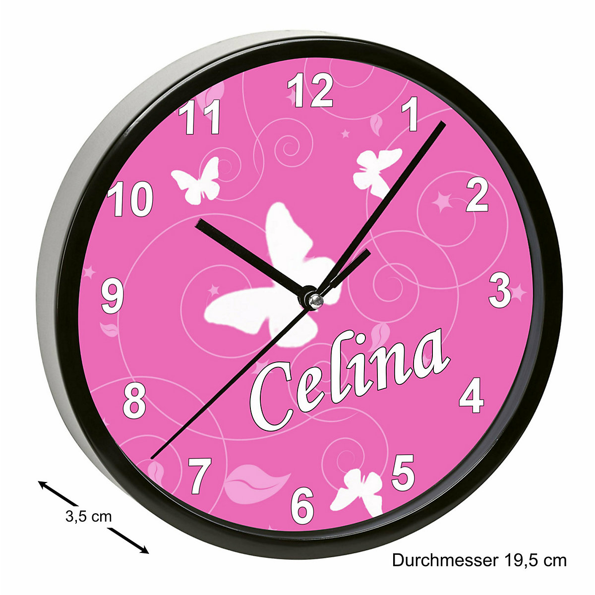 Kinder Wanduhr personalisiert mit Name Schmetterling Rosa