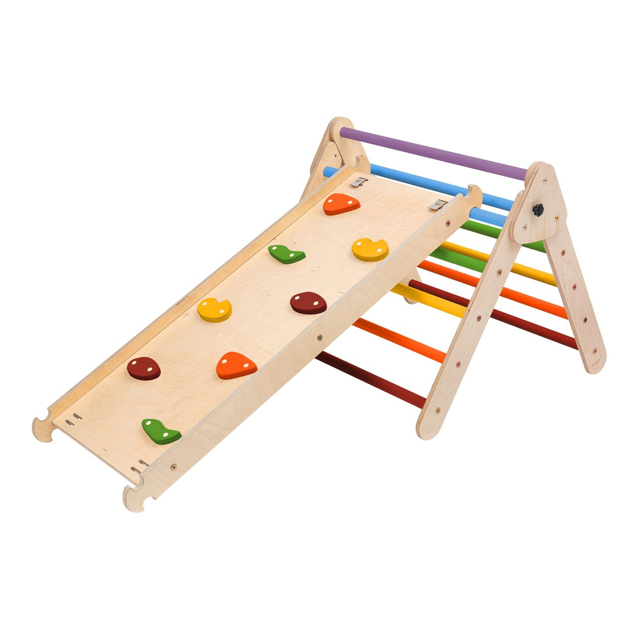 KateHaa Kletterdreieck mit Kletterwand aus Holz - Regenbogen