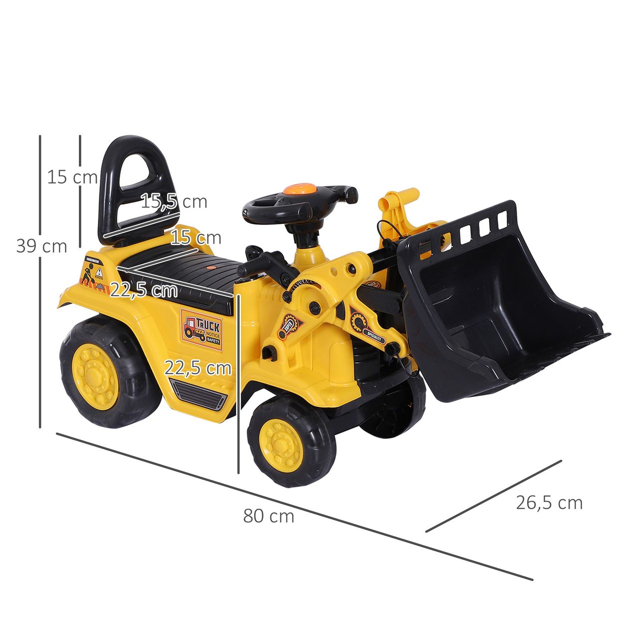 HOMCOM Sitzbagger mit eingebautem Ablagefach Kinder Rutscher Bagger mit Hupe