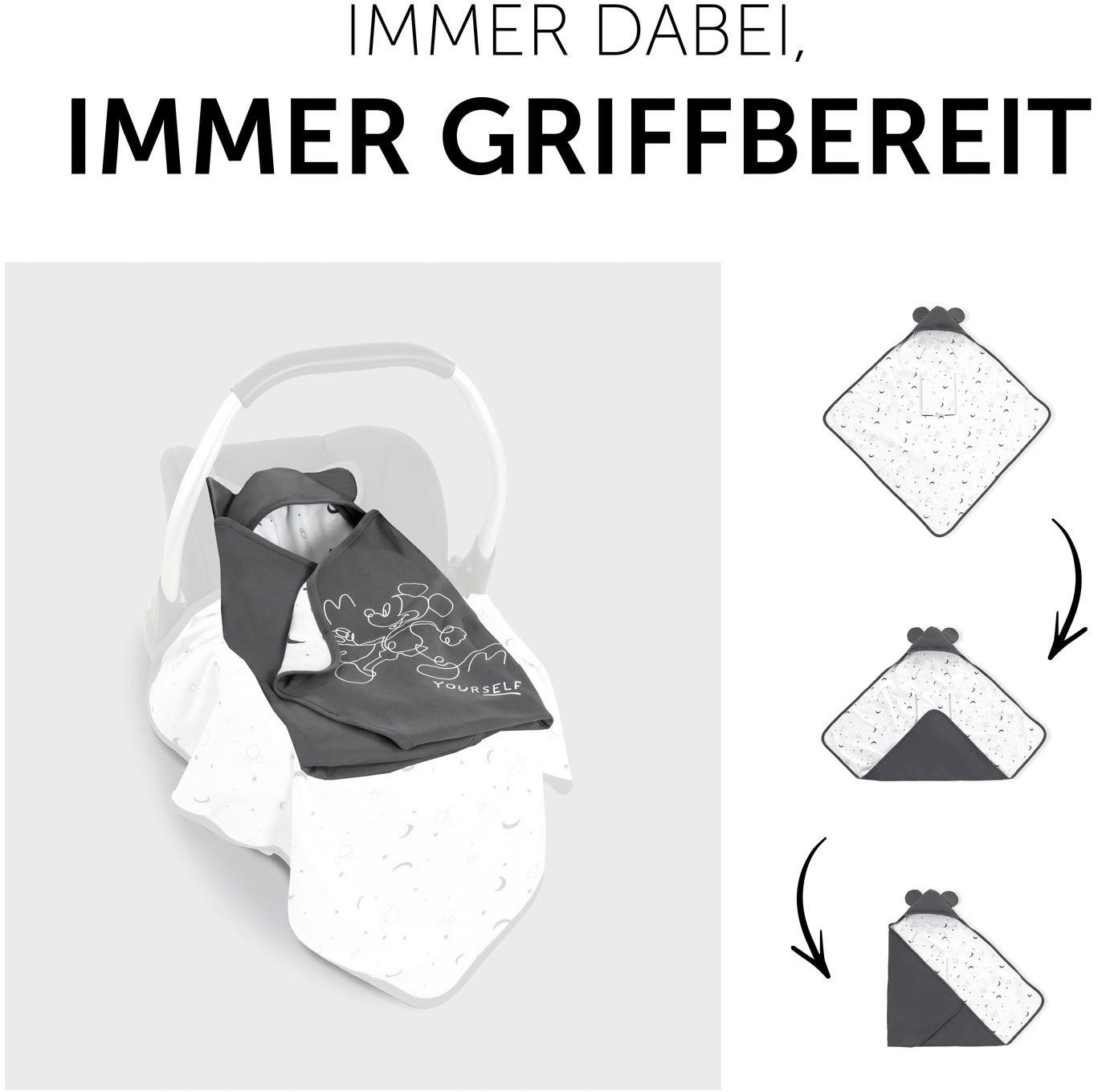 Babydecke Baby Einschlagdecke, Snuggle N Dream Mickey Mouse Anthracite, Hauck, mit Kapuze