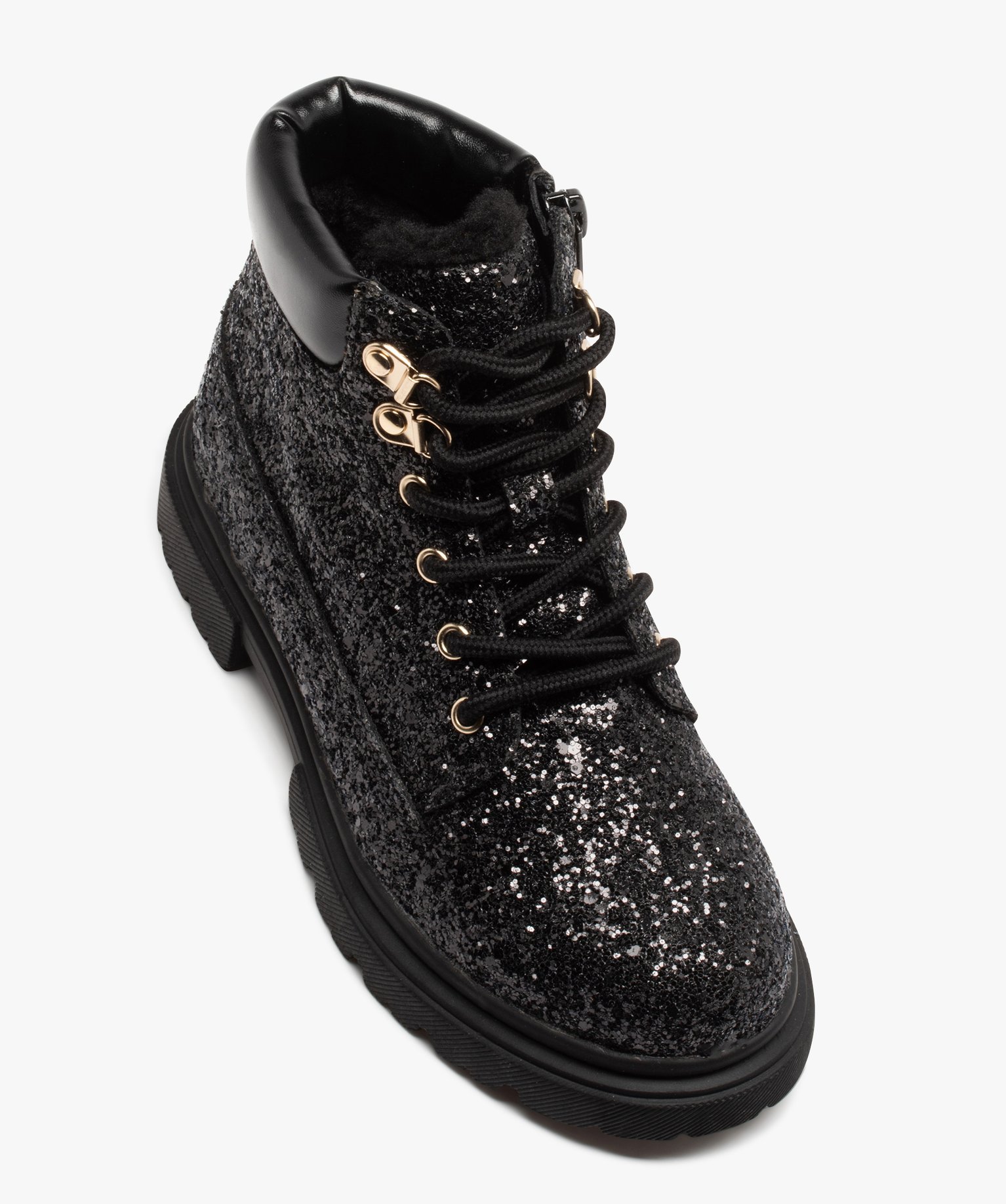 Boots fourrées à paillettes et lacets fille noir | GEMO