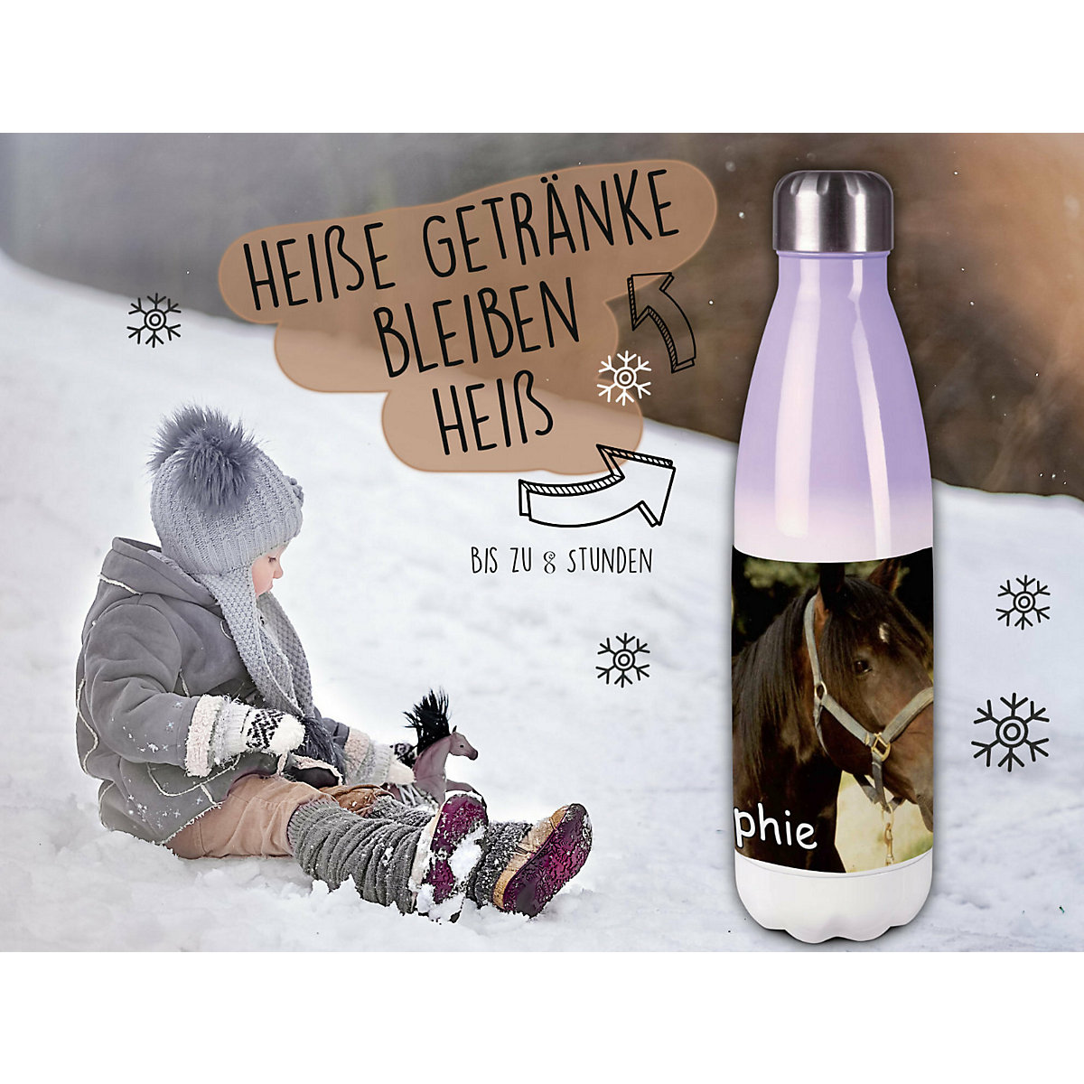 Edelstahl Kinder Thermoflasche / Trinkflasche bunt Pferd Orignial Spülmaschinenfest, Auslaufsicher, Bruchfest, Doppelwandig, Für Heißgetränke geeignet, Mit Deckel, Isoliert