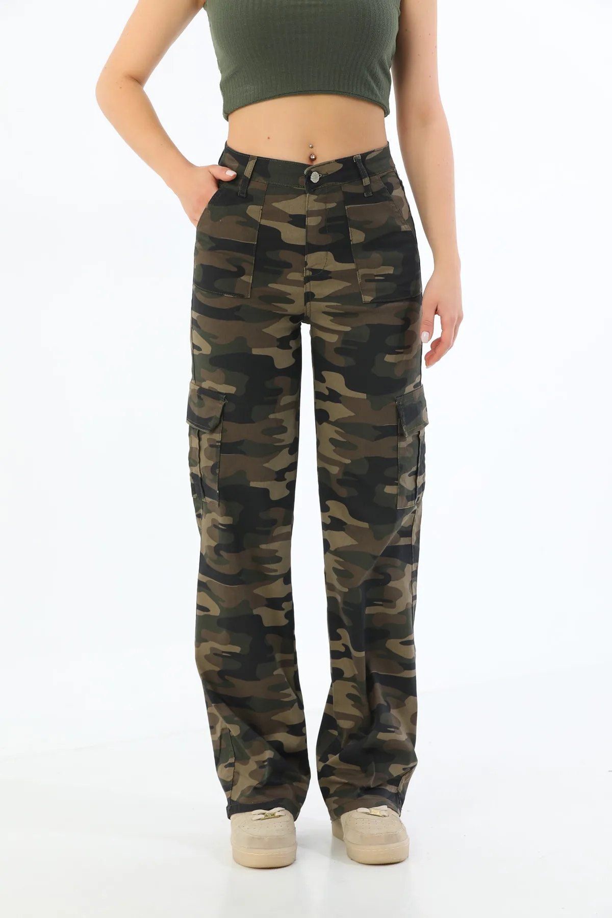BİKELİFE  Camouflage-Hose mit weitem Bein und Cargotasche aus Lycra mit hoher Taille