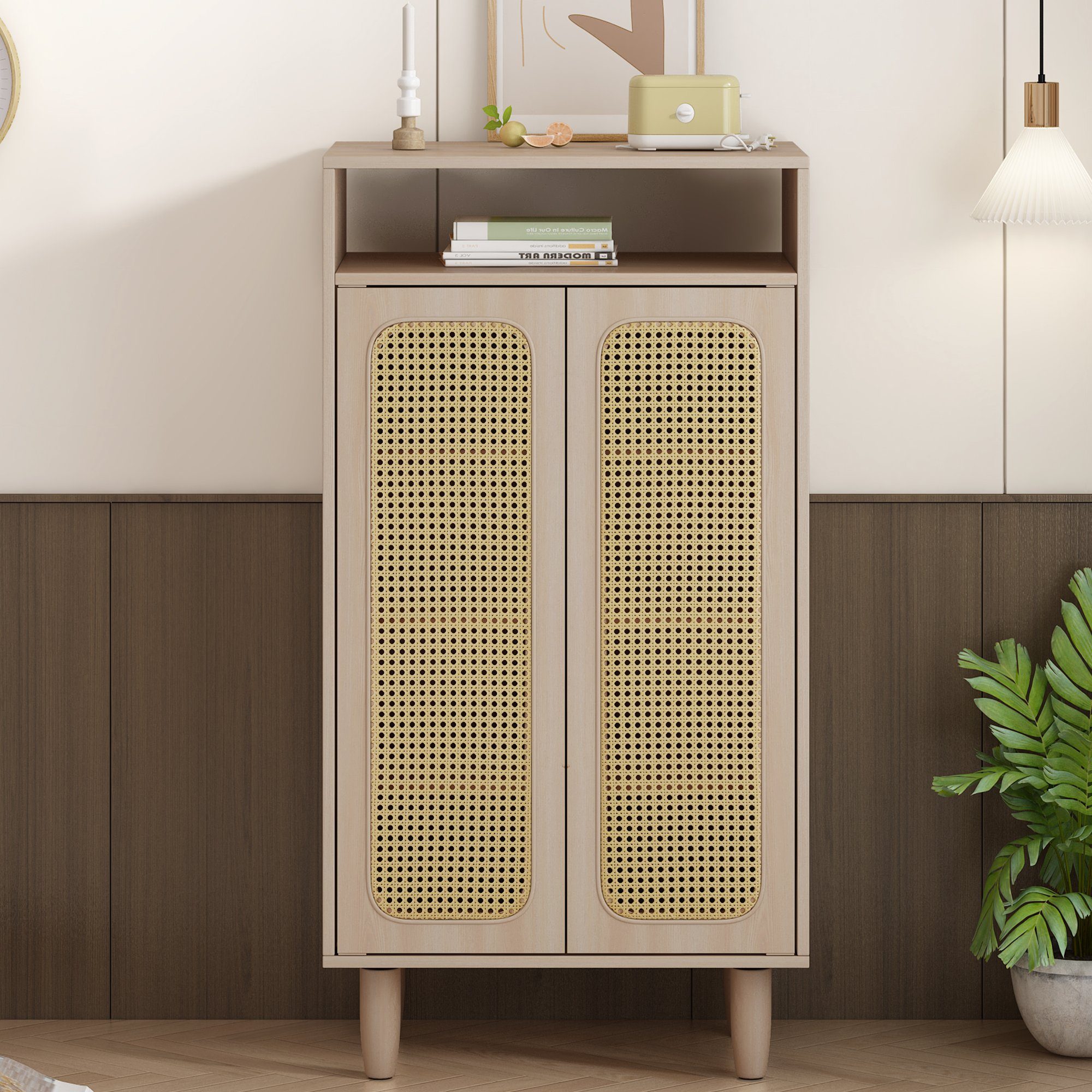 OKWISH Highboard Sideboard (mit Rattantüren und offenen Fach), Sideboard mit verstellbare Einlegeböden