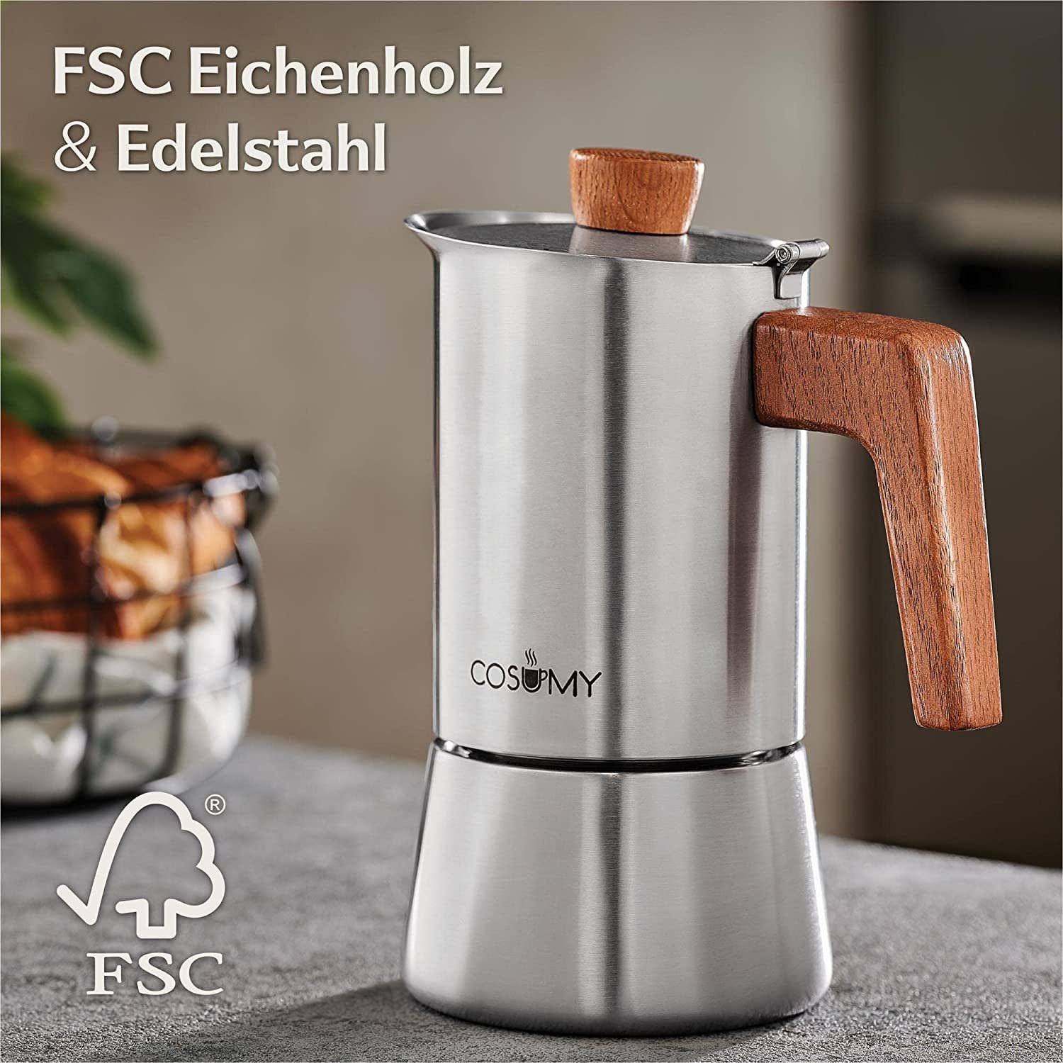 Cosumy Espressokocher Espressokocher 300ml mit Holzgriff, Induktionsgeeignet, FSC-zertifiziertes Eichenholz