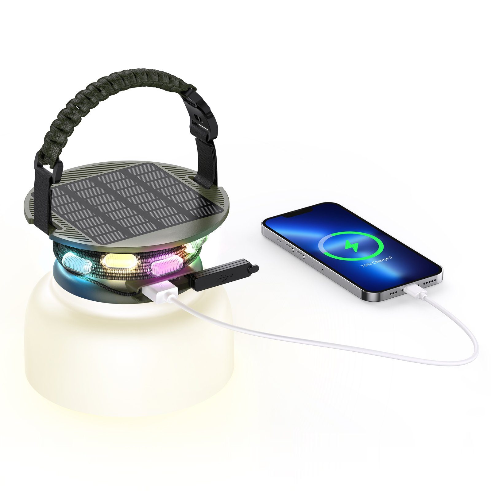 WILIT LED Laterne Campinglampe, Solar Lichterketten Outdoor 5m, Campingleuchte Aufladbar, LED fest integriert, Warmweiß, RGB, 3-stufige Normalbeleuchtung, 5V/1A-Ladefunktion für Aufladen