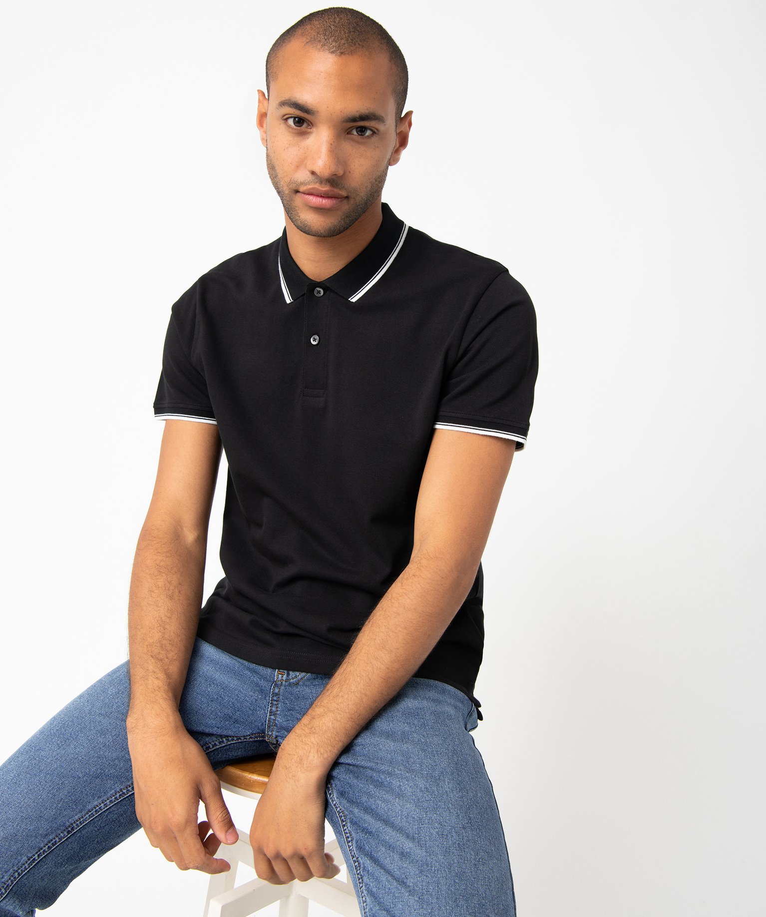 Polo homme à manches courtes et finitions contrastantes noir | GEMO