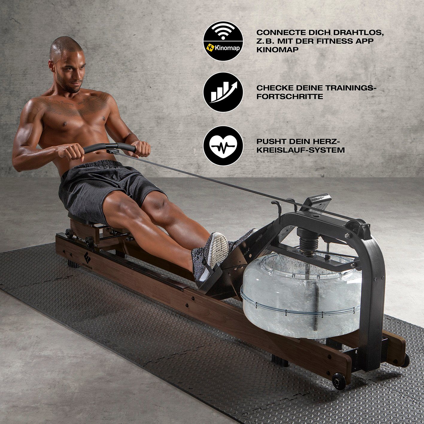 FitEngine Rudergerät Wasserwidertand Smart braun 153kg 210cm