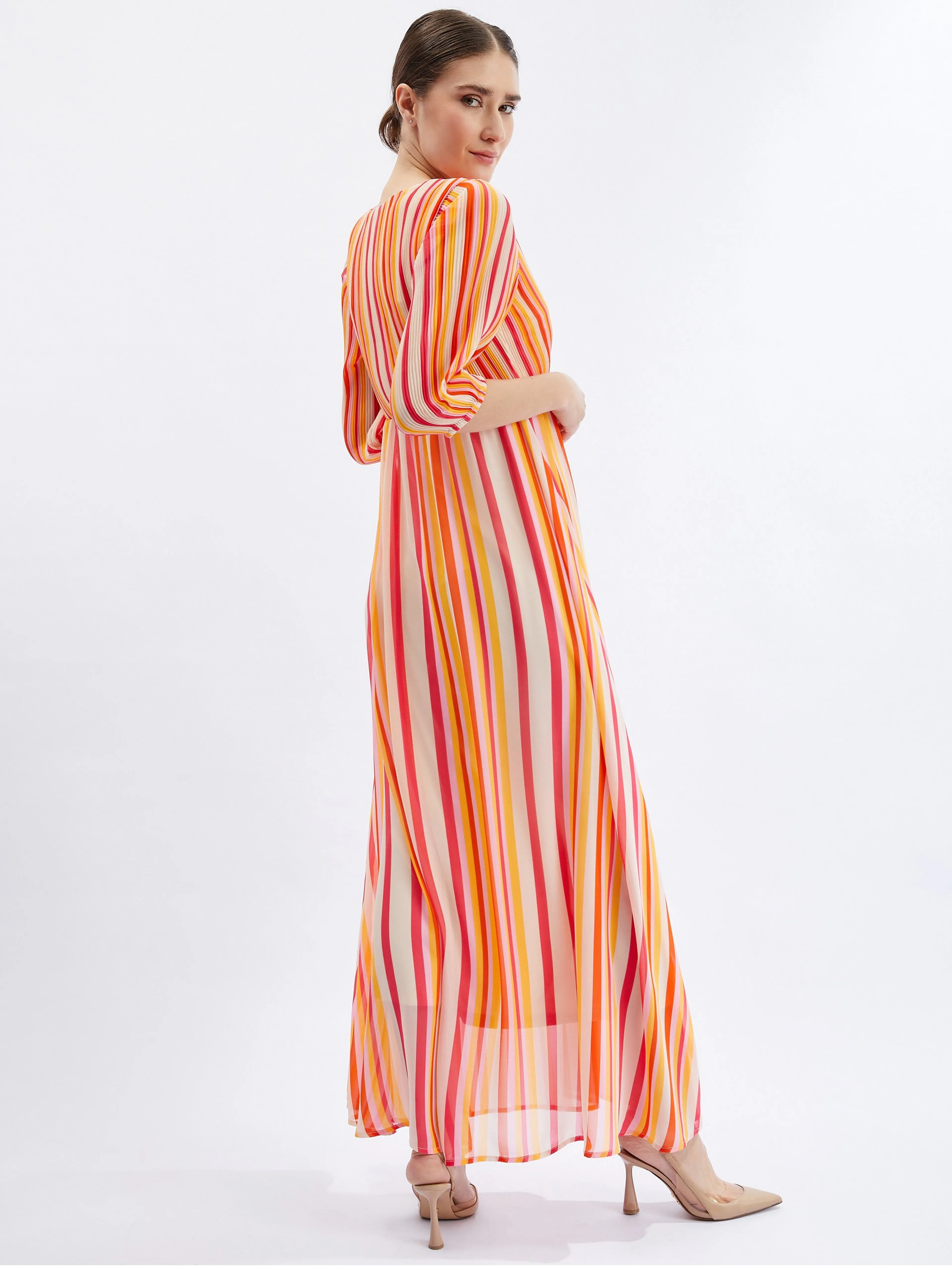 Rosa-orange gestreiftes Maxikleid für Damen ORSAY