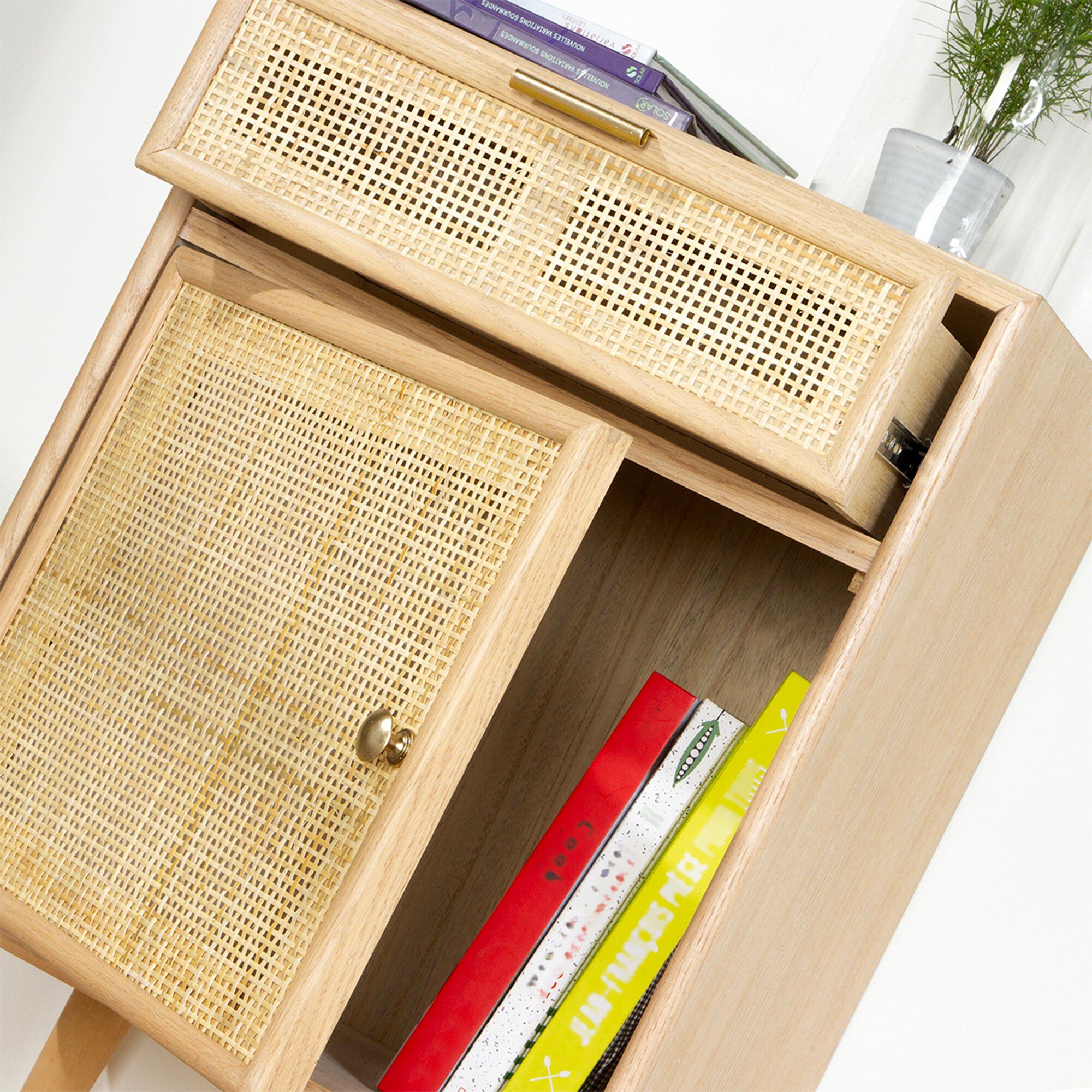 Table de chevet RANAË bois placage frêne et cannage rotin