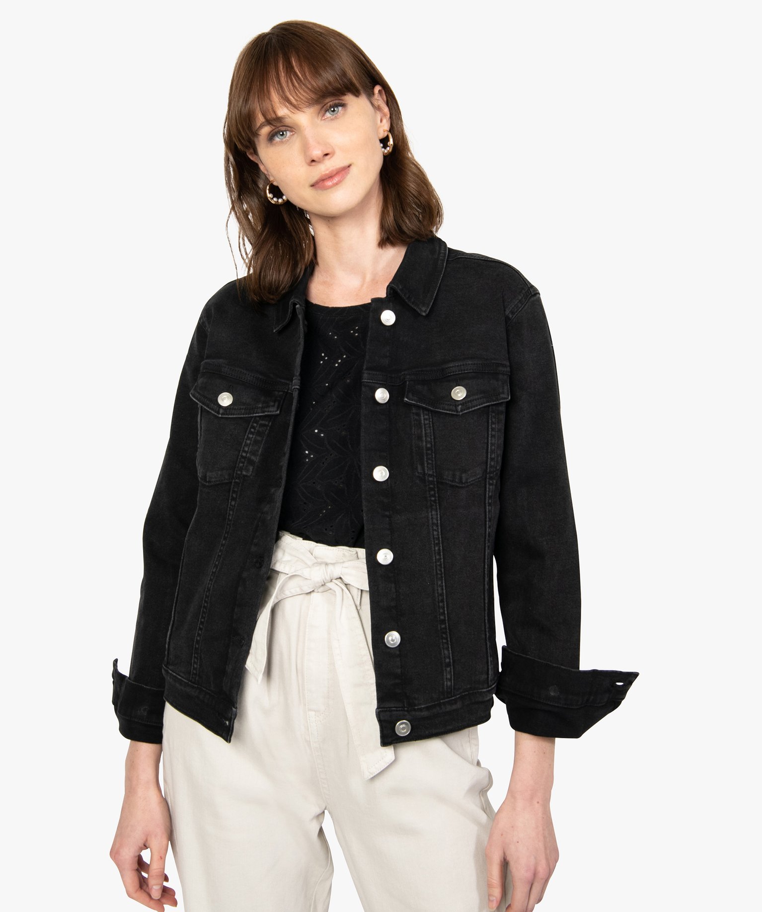 Blouson femme en denim avec surpiqres | GEMO