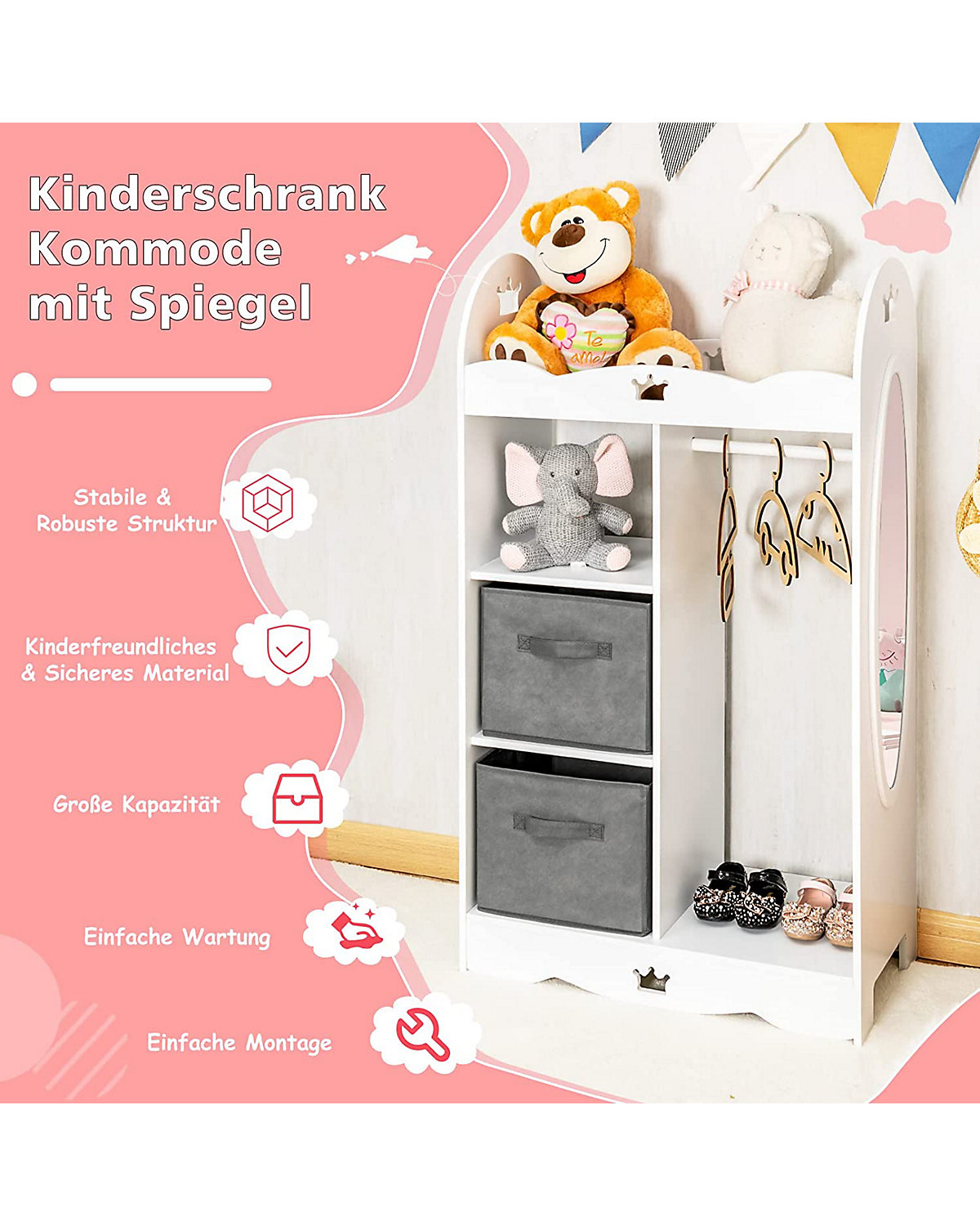 Kleiderschrank Kinder mit Spiegel & 2 Stoffbox