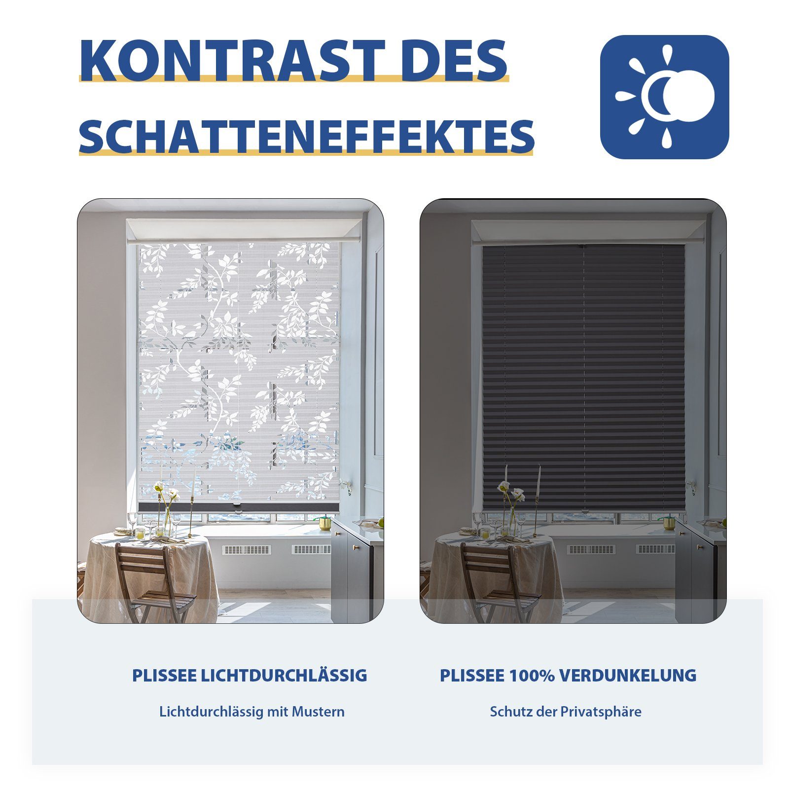 Plissee Doppelplissee Day+Night Verdunkelung ohne Bohren verspannt Lichtschutz, Sekey, Klemmfix, ohne Bohren, Klemmfix, Lichtdurchlässig Ausbrenner-Muster und 100% Verdunkelnd Verdunkelung