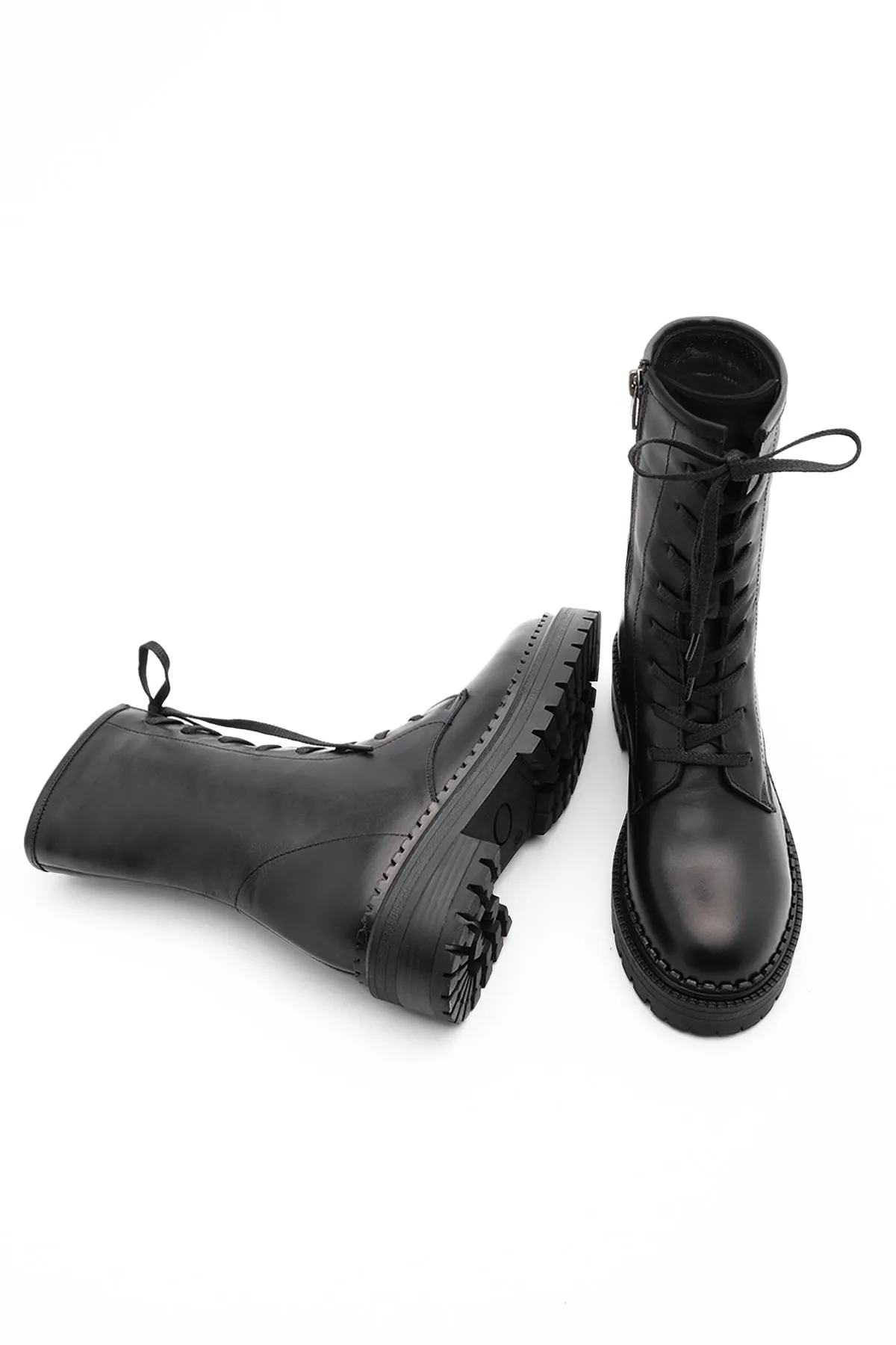 Marjin  Damen-Stiefel aus echtem Leder mit Reißverschluss, Schnürung, gezackte Sohle, Freizeitstiefel Kariva Schwarz