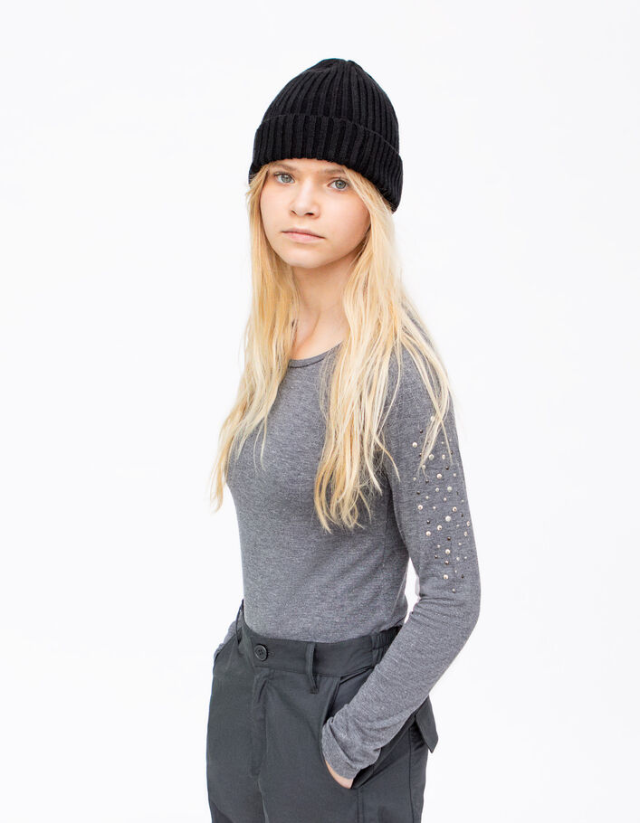 T-shirt gris lurex décor bijoux aux manches fille