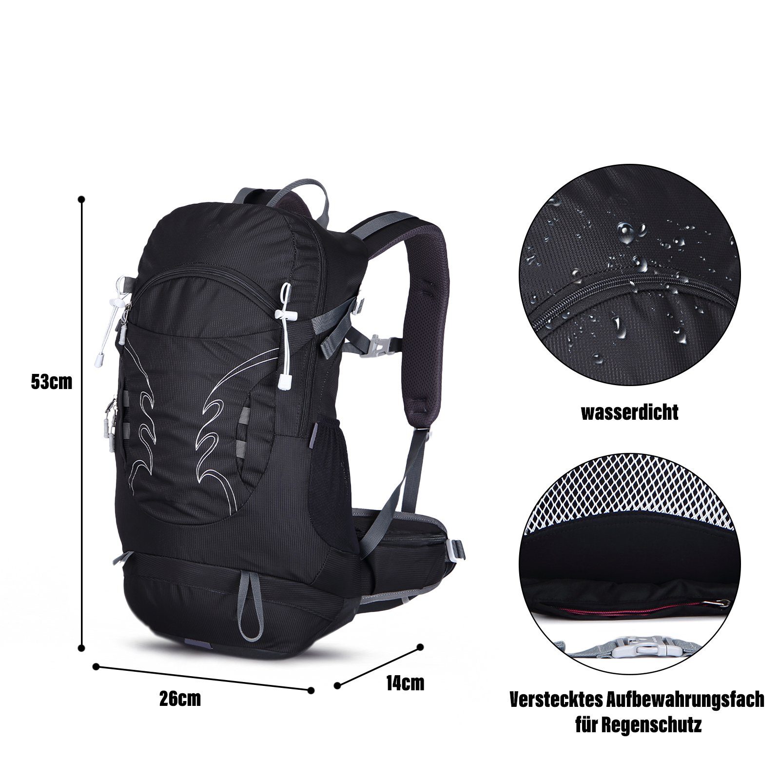 TAN.TOMI Wanderrucksack 30L Großer Wanderrucksack mit Rückenbelüftung, Wasserdicht (Einschließlich Regenschutz), mit Regenschutz für Outdoor Reisen Camping Trekking