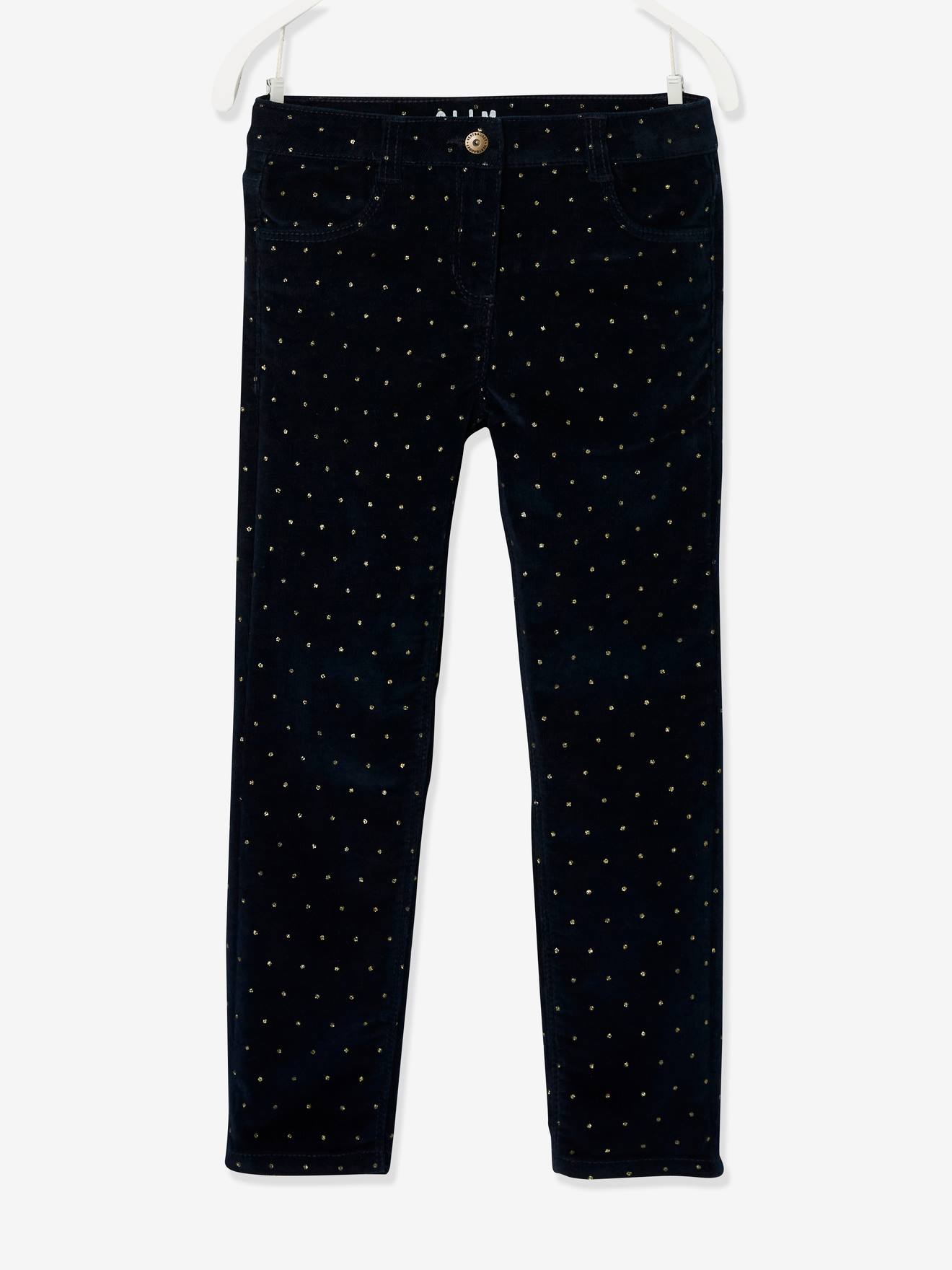 Vertbaudet Mädchen Slim-Fit-Cordhose, Hüftweite REGULAR, Glanztupfen - marine bedruckt