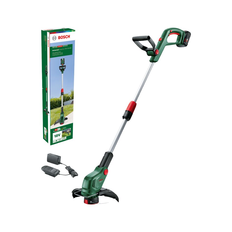 Akumulátorový vyžínač Bosch Green 06008C1F00 UniversalGrassCut 18V-26-500, 1x 2,0 Ah a nabíječka AL 18V-20 v krabici