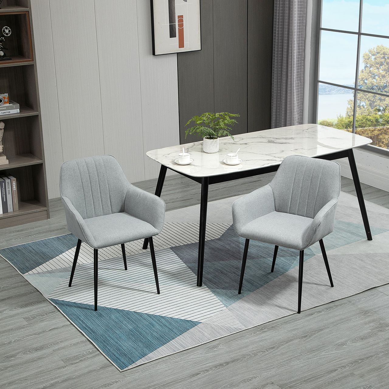 HOMCOM 2-teiliger Esszimmerstühle Essstühle mit atmungsaktivem Leinenbezug ergonomischer Küchenstuhl mit Rückenlehne Armlehne und Metallbeinen Leinen Hellgrau 59,5 x 56,5 x 81 cm