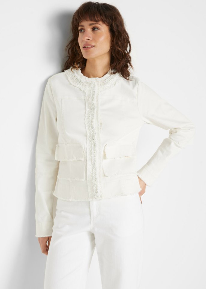 Jeansjacke mit Tweed und Perlen