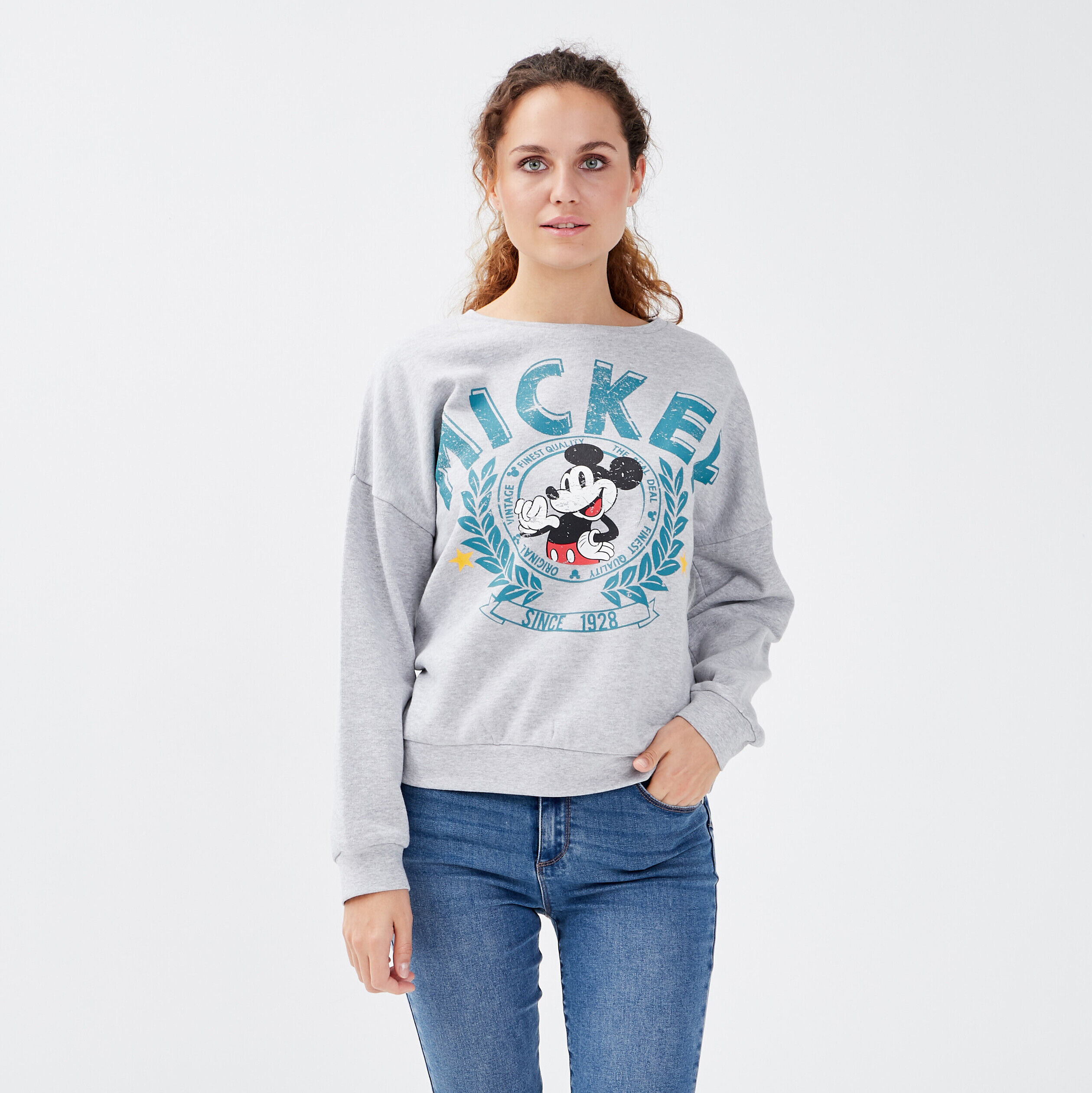 Sweat manches longues Mickey gris clair femme | Cache Cache