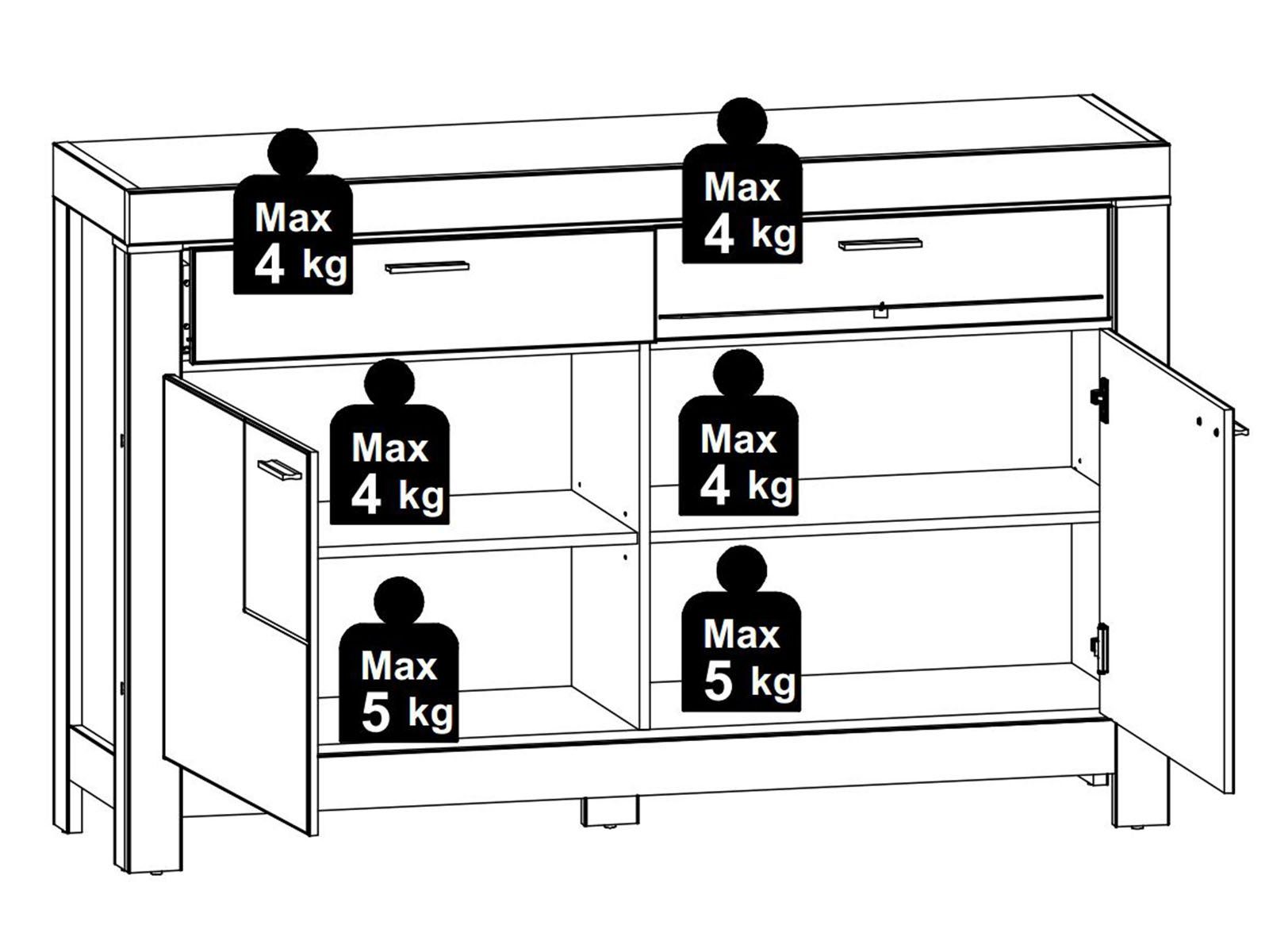 möbelando Buffet Gravesend Modernes Buffet in Haveleiche Nachbildung / Lack Laminat Weiß supermatt, Korpus aus Spanplatte, Front aus MDF bestehend aus 1 Sideboard und 1 Buffet-Aufsatz, inkl. LED-Beleuchtung. Breite 156 cm, Höhe 211 cm, Tiefe 42 cm