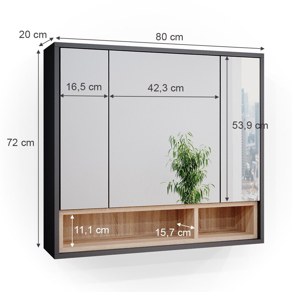 Vicco Spiegelschrank Badschrank Badspiegel BEATRICE 80cm Anthrazit / Sonoma
