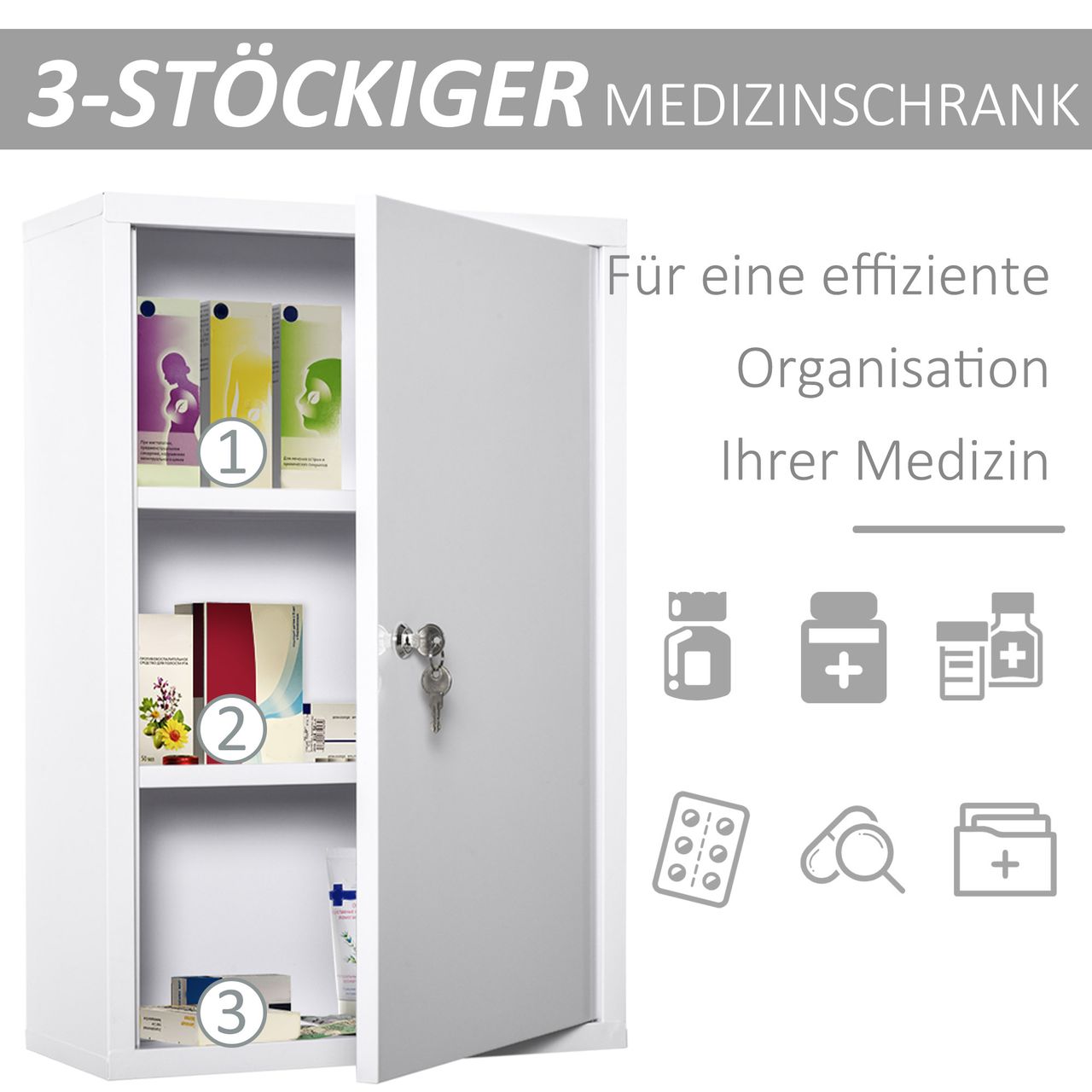 kleankin Medizinschrank Arzneischrank Erste-Hilfe-Schrank mit Schloss 3 Fächer Stahl Weiß 40 x 18 x 60 cm